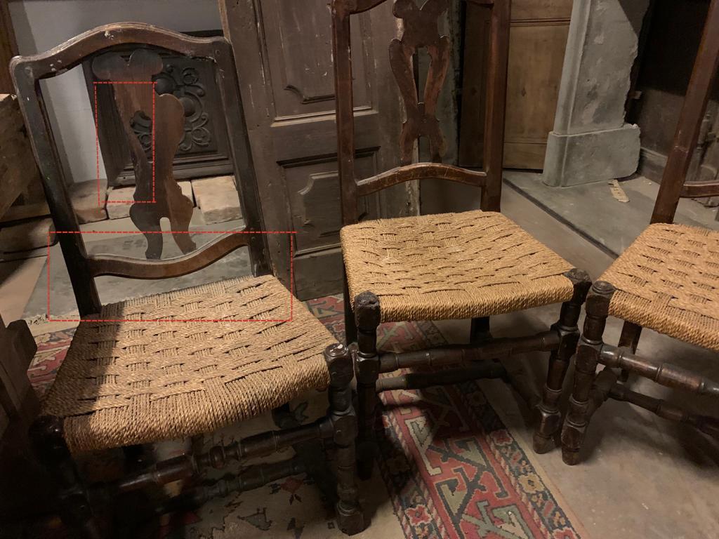 Antique Set of 6 Brown Walnut Chairs, with Woven Straw Seat, 1700, Italy 1