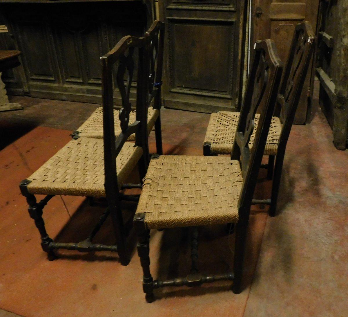 Italian Antique Set of 6 Brown Walnut Chairs, with Woven Straw Seat, 1700, Italy