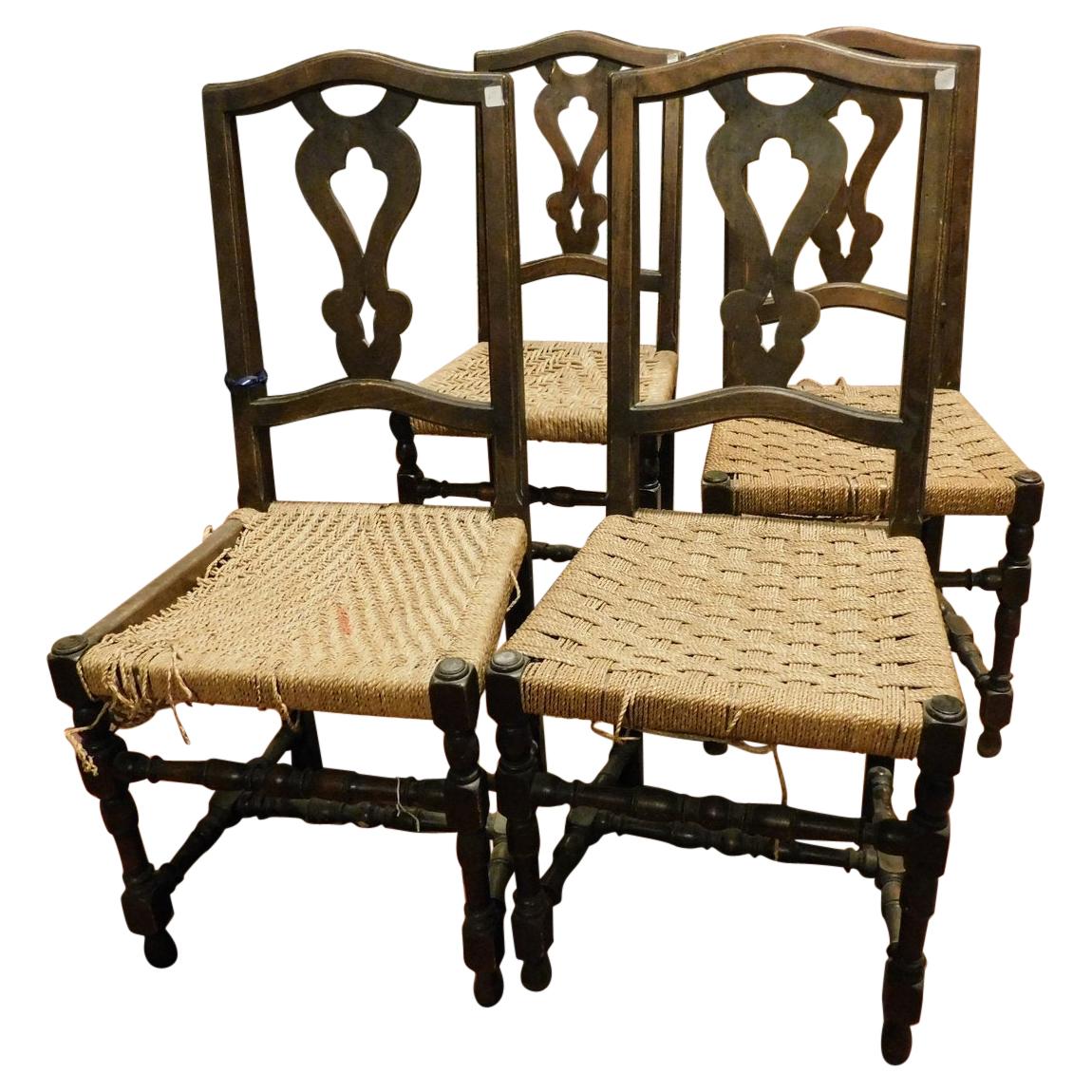 Antique Set of 6 Brown Walnut Chairs, with Woven Straw Seat, 1700, Italy