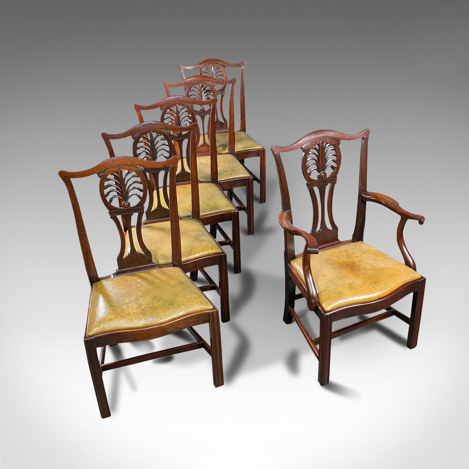 Antique, Set of 6, Dining Chairs, English, Mahogany, Leather, Seats, Victorian For Sale 3