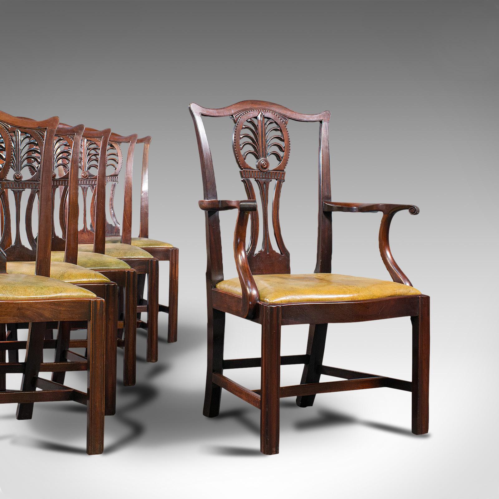 This is an antique set of 6 dining chairs. An English, mahogany and leather King chair and suite of 5 seats, dating to the Early Victorian period, circa 1850.

A dining suite of fine antique distinction
Displaying a desirable aged patina and of