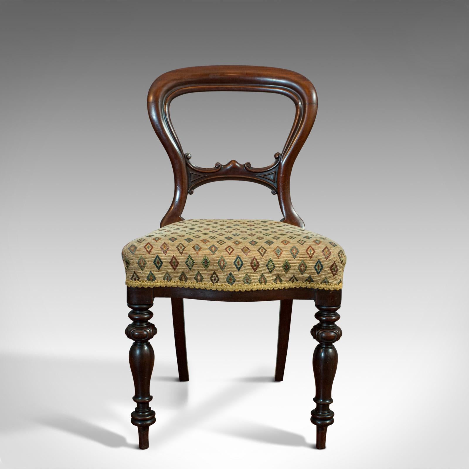 This is an antique set of 6 dining chairs. An English, walnut balloon-back dining suite with quality textile upholstery, dating to the early Victorian period, circa 1850.

Finely crafted with appealing presentation
Displaying a desirable aged