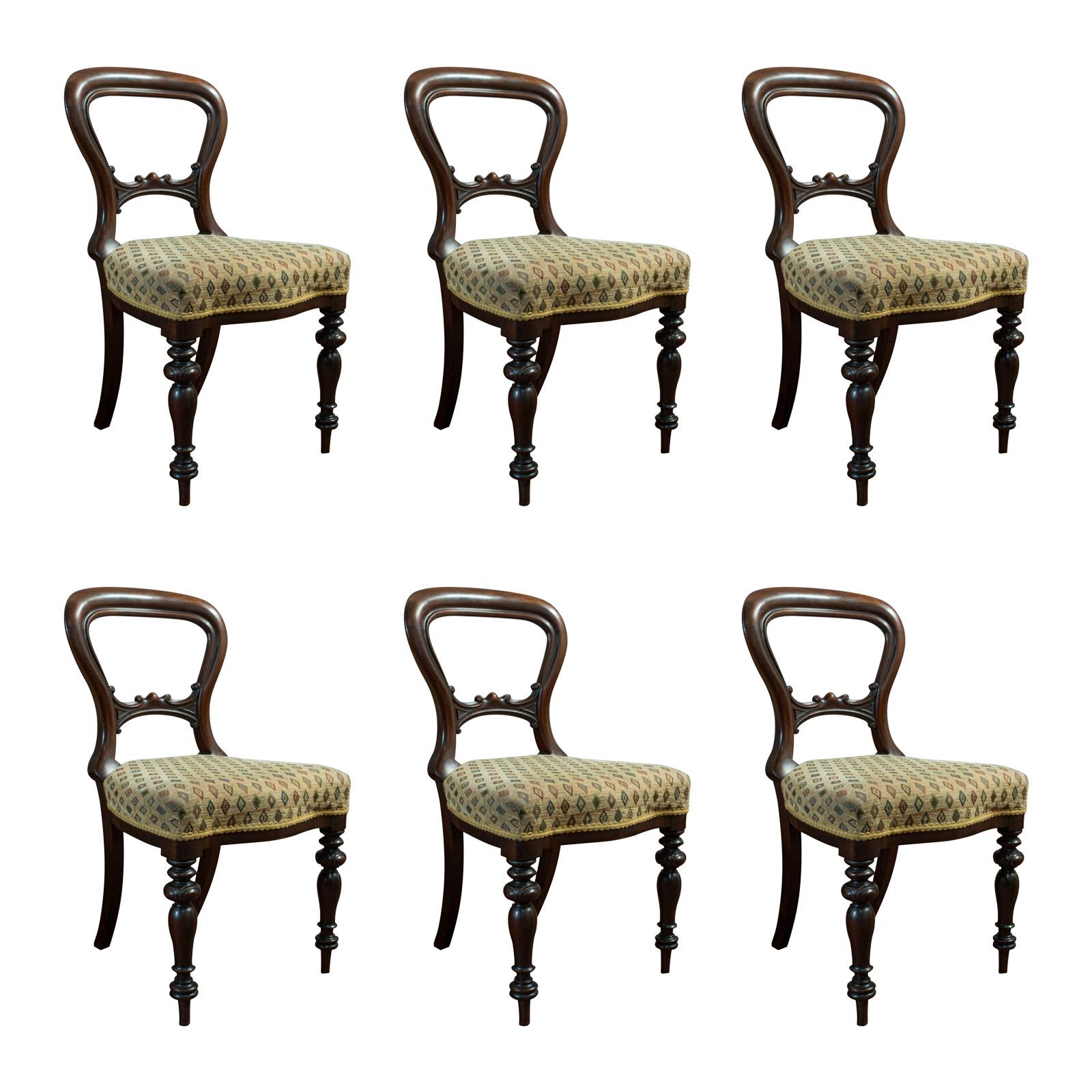Antique Set of 6 Dining Chairs English Walnut Balloon Back Victorian