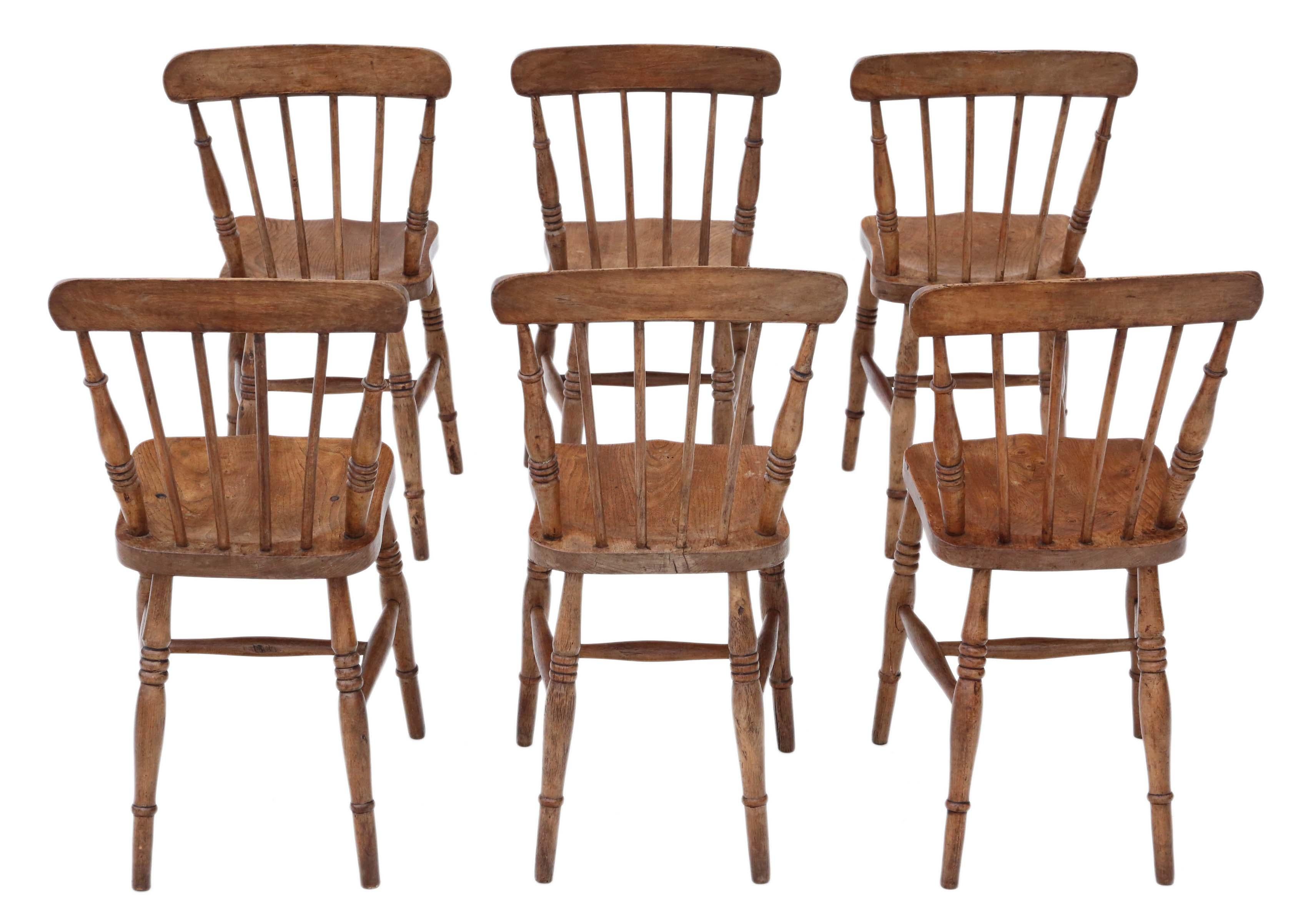 Antique quality set of 6 elm and beech kitchen dining chairs C1900.

Solid, no loose joints and no woodworm. Full of age, character and charm.

Would look great in the right location!

Overall maximum dimensions: 43cm W x 44cm D x 86cm H (46cm