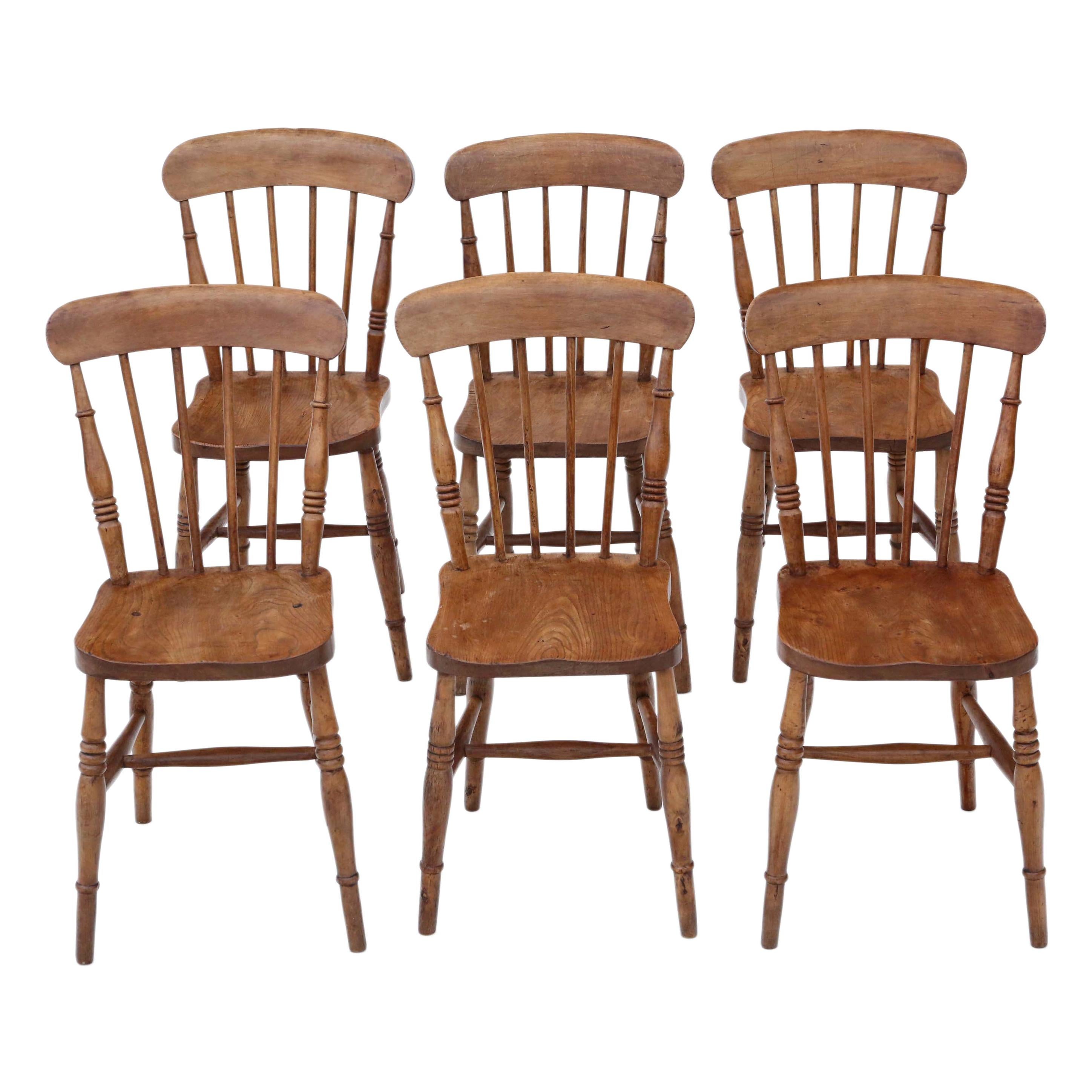 Antique Set of 6 Elm and Beech Kitchen Dining Chairs