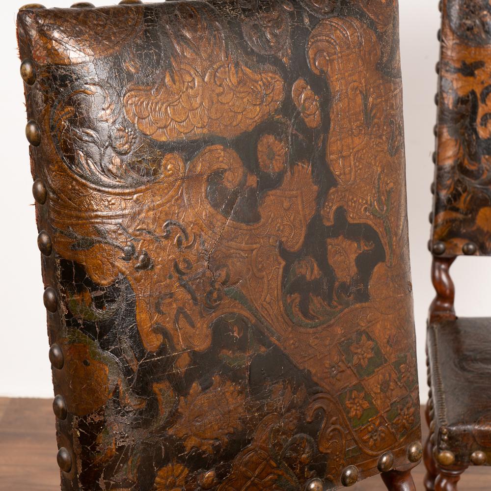 Antique Set of 6 Embossed and Painted Leather Dining Chairs, circa 1860-80 3