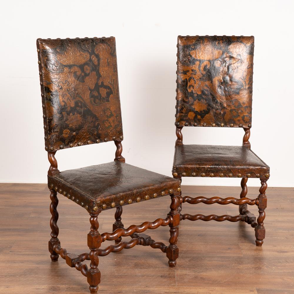 Renaissance Revival Antique Set of 6 Embossed and Painted Leather Dining Chairs, circa 1860-80