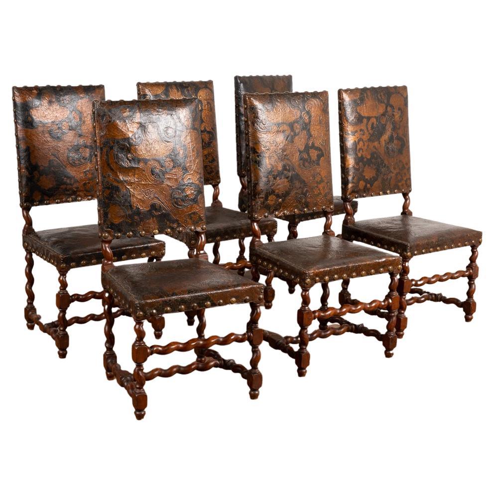 Antique Set of 6 Embossed and Painted Leather Dining Chairs, circa 1860-80