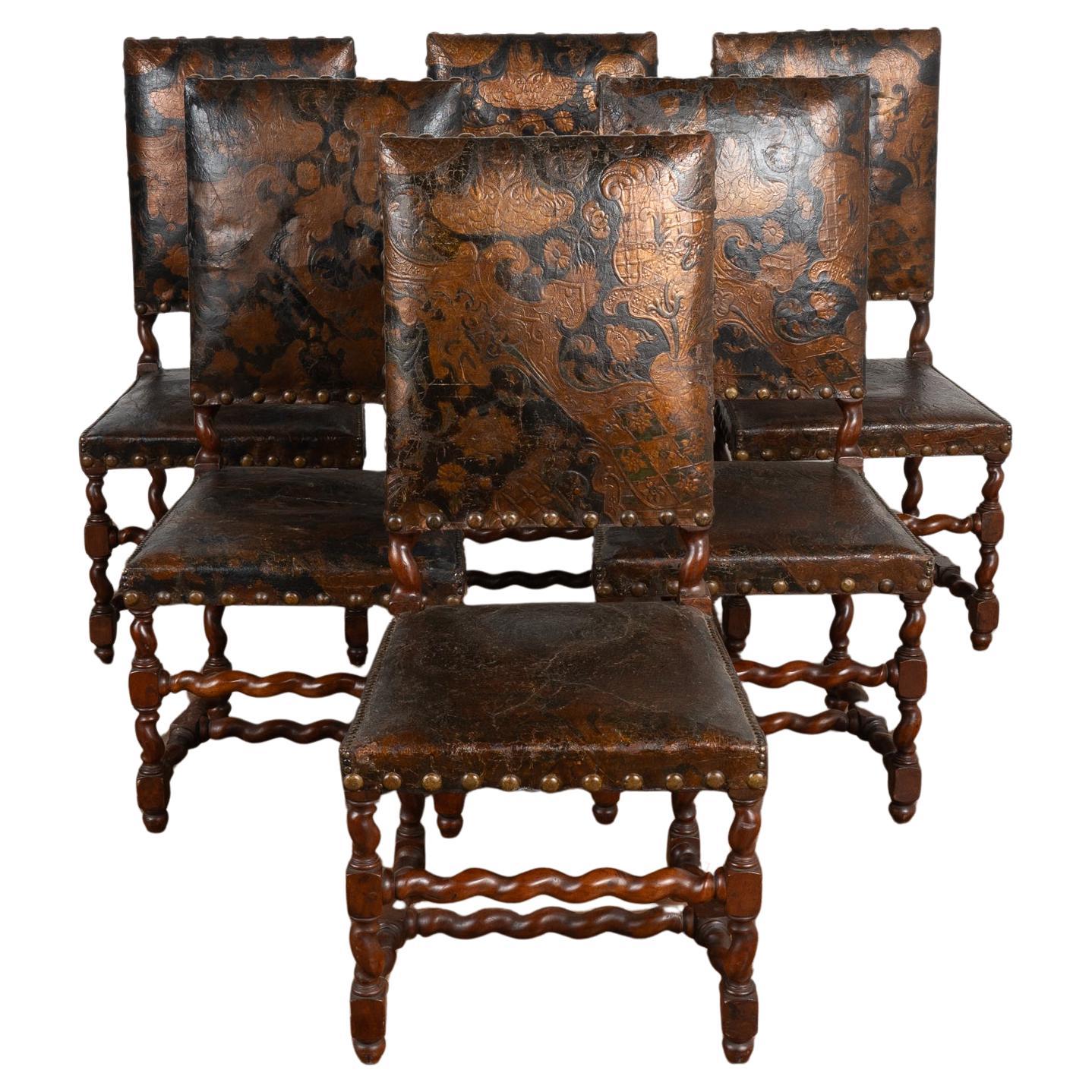 Antique Set of 6 Embossed and Painted Leather Dining Chairs, circa 1860-80