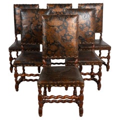 Ensemble ancien de 6 chaises de salle à manger en cuir gaufré et peint, vers 1860-80