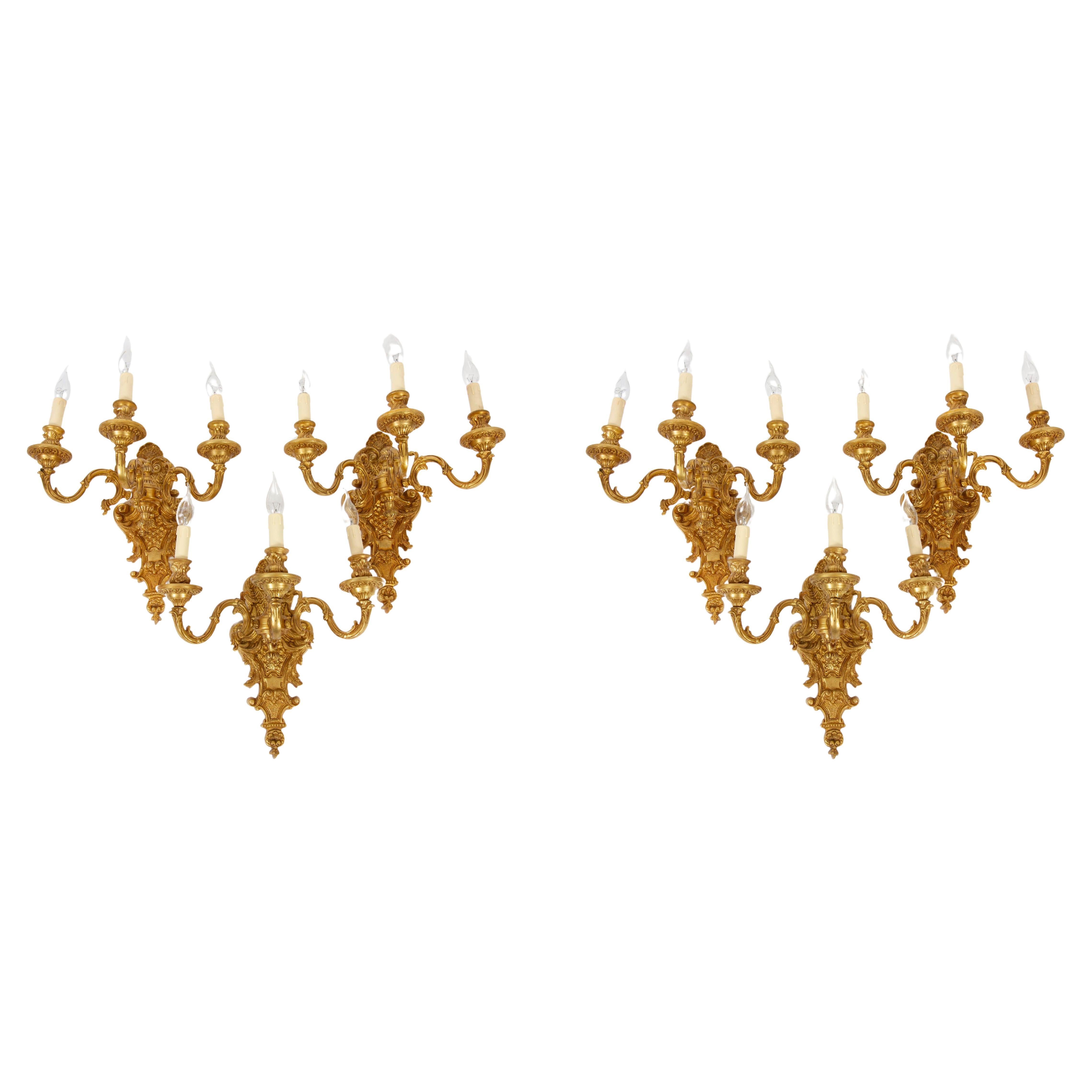 Antique Set of 6 French Louis Revival Twin Branch Wall Lights 20th Century