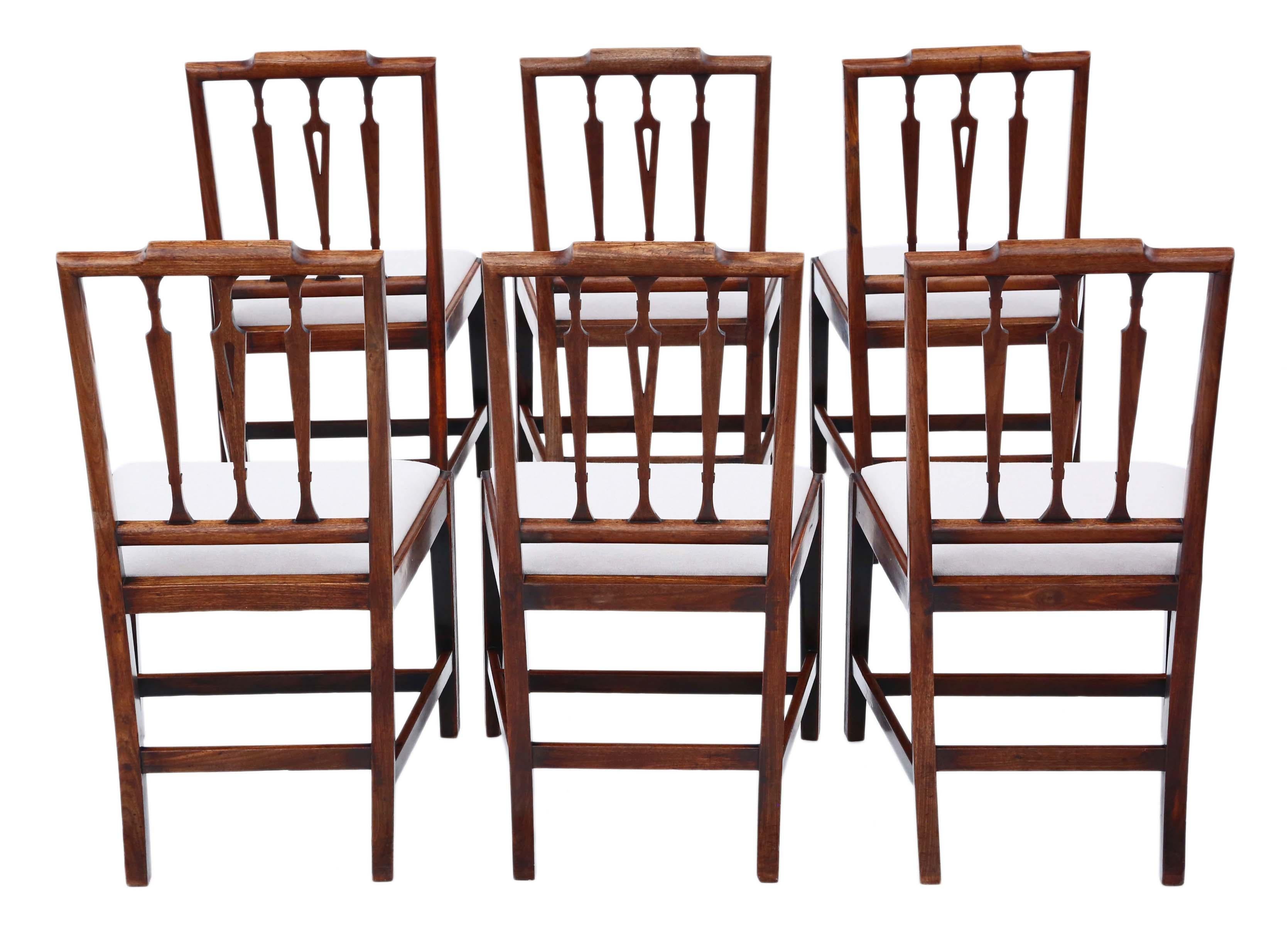 Antique fine quality set of 6 Georgian mahogany dining chairs 19th century C1820.

A rare find and a bit special.

No loose joints or woodworm.

New, professional upholstery.

Overall maximum dimensions:

52cmW x 48cmD x 94cmH (45cmH seat