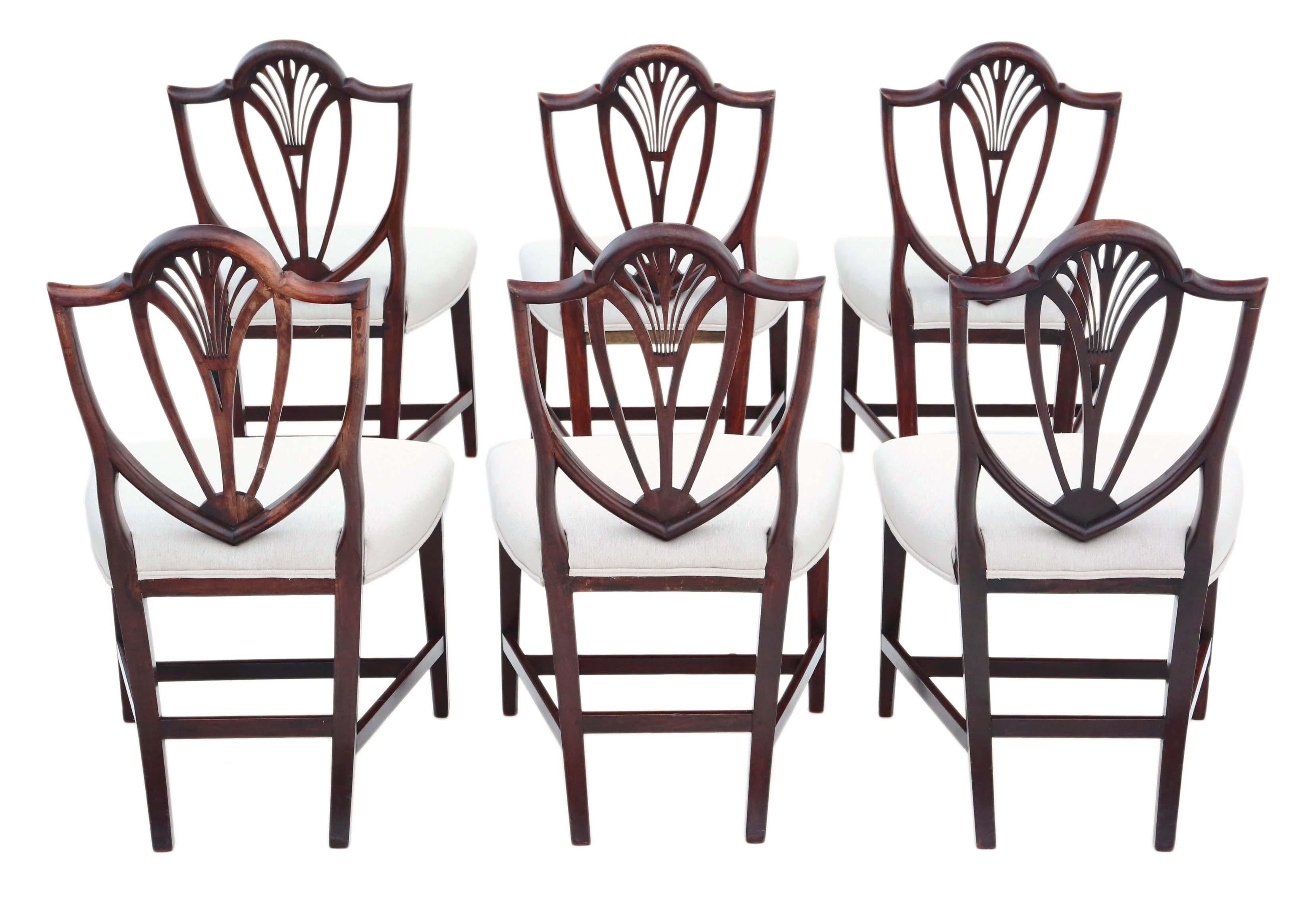 Antique fine quality set of 6 Georgian mahogany shield back dining chairs C1820. Very rare, with an elegant shield back design!

No loose joints.

New professional upholstery. Wide generous seats.

Overall maximum dimensions: 57cm W x 50cm D x