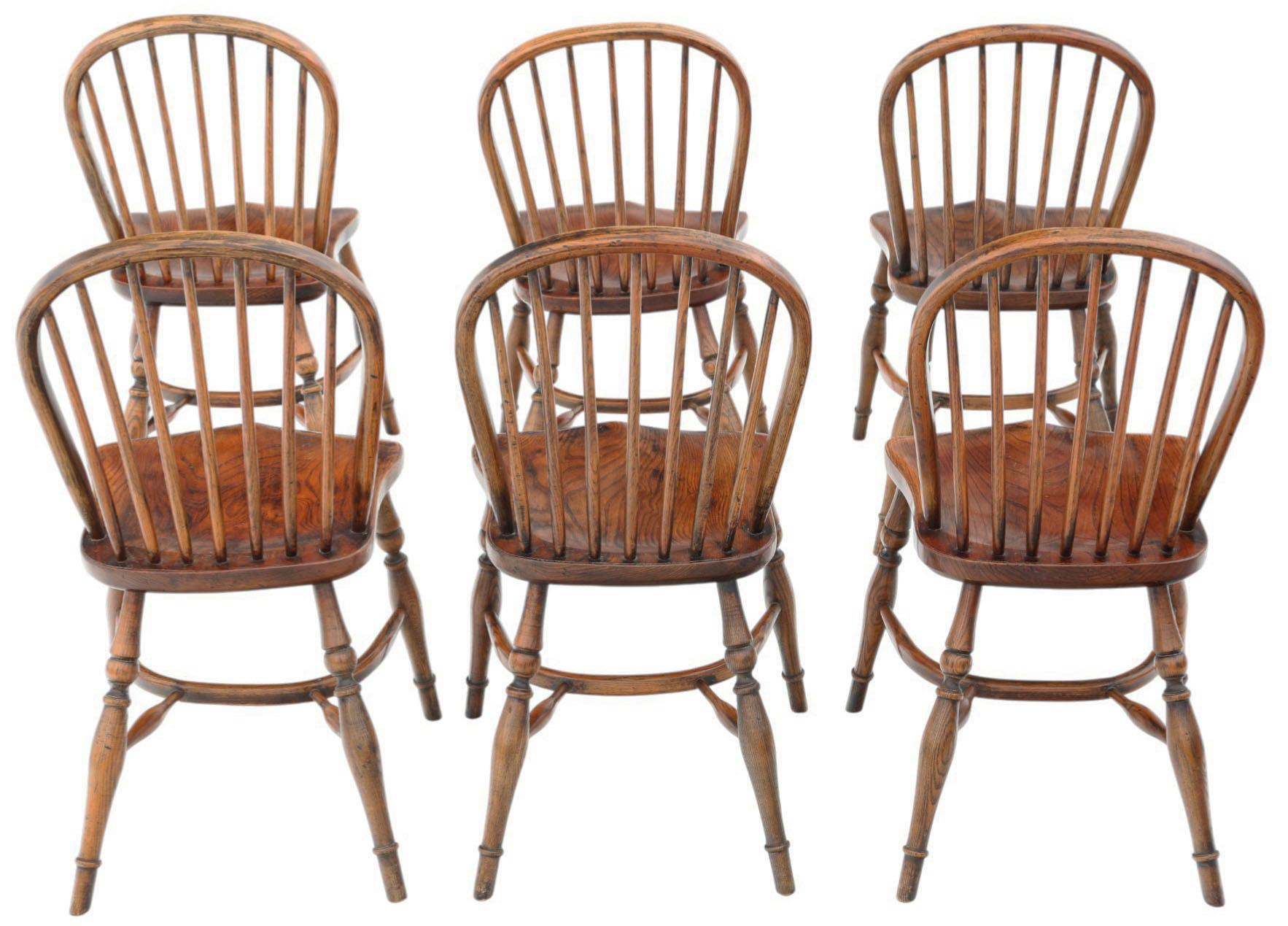 Antique Set of 6 Georgian Revival c.1920 Ash and Elm Windsor Kitchen Dining Chairs – Quality Craftsmanship with Sought-After Crinoline Stretchers

A rare and elegant set of six antique Georgian Revival Windsor kitchen dining chairs, dating from