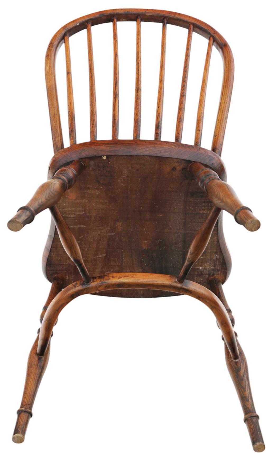 Antique Set of 6 Georgian Revival c.1920 Ash Elm Windsor Kitchen Dining Chairs For Sale 2
