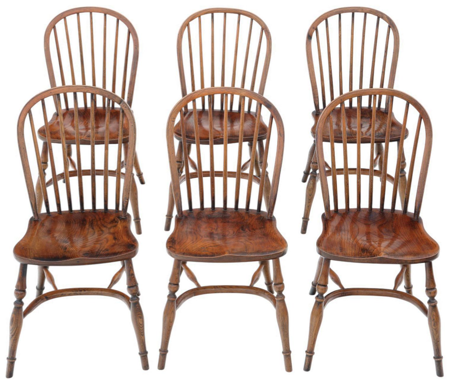 Antique Set of 6 Georgian Revival c.1920 Ash Elm Windsor Kitchen Dining Chairs For Sale