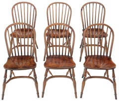 Antique Set of 6 Georgian Revival c.1920 Ash Elm Windsor Kitchen Dining Chairs
