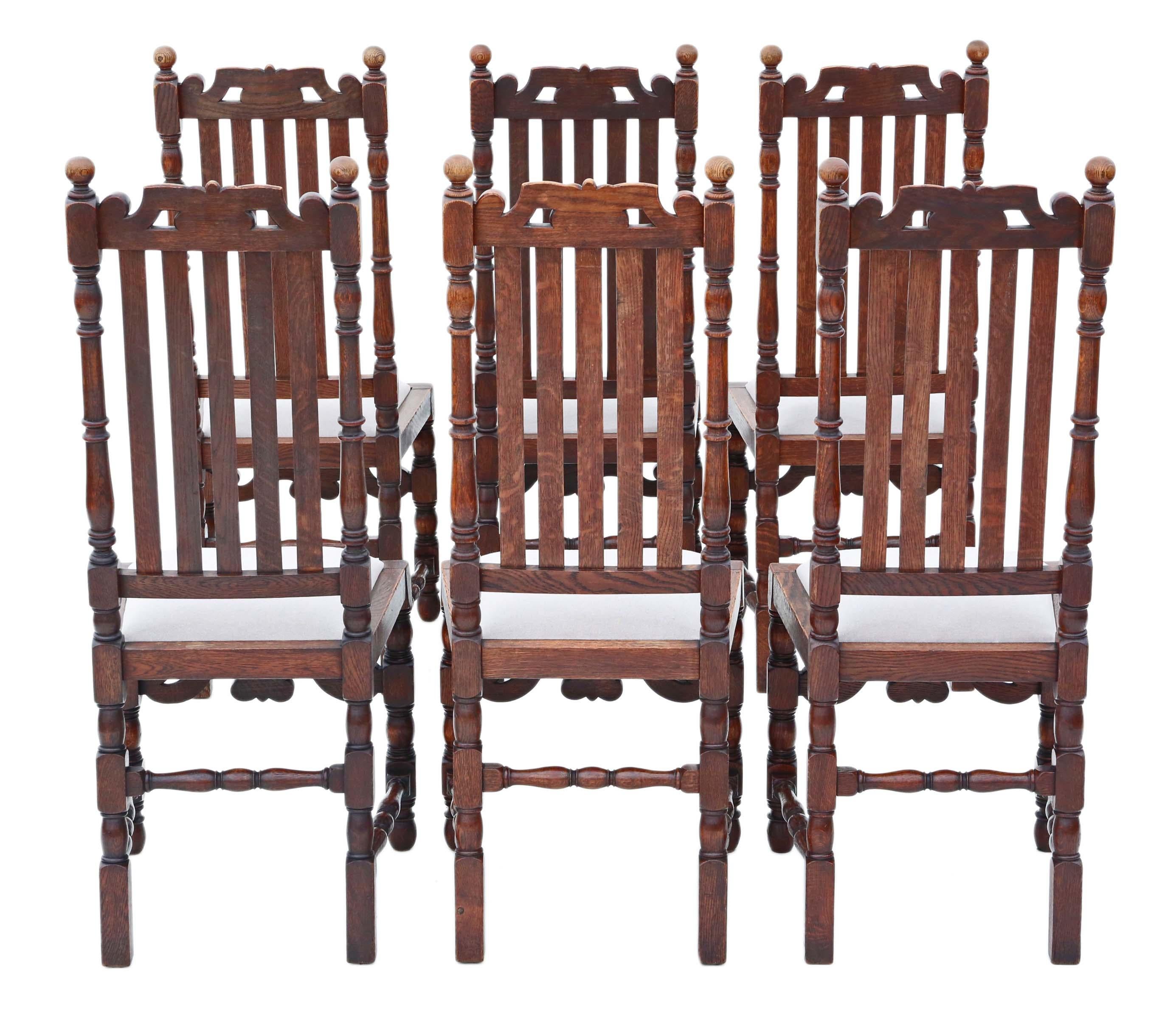 Antique quality set of 6 oak dining chairs C1915 Charles II style.

Solid, heavy and strong, with no loose joints or woodworm. Full of age, character and charm. Very decorative high back chairs.

Would look great in the right