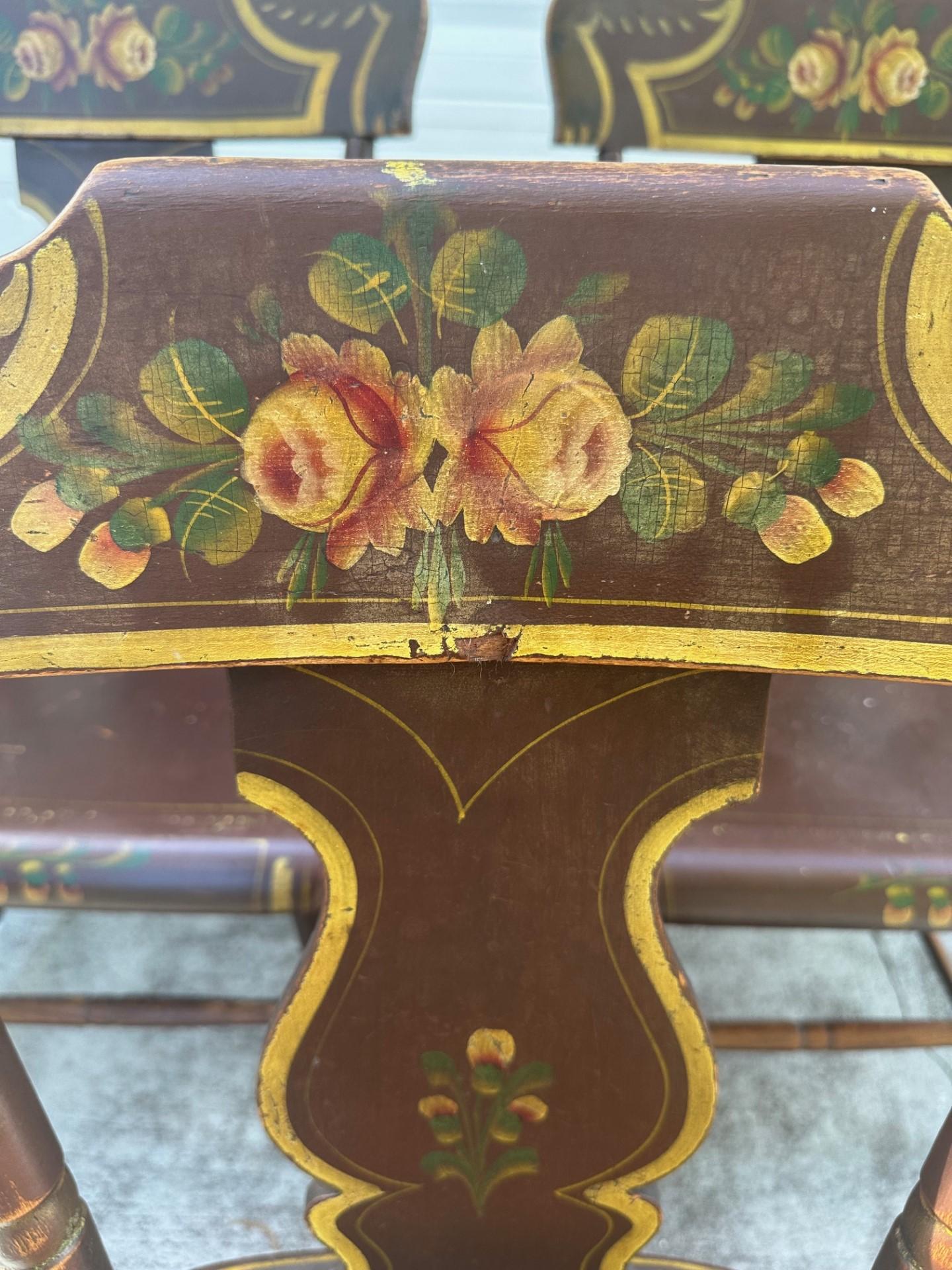 Antique Set of 6 Original Painted Pennsylvania Plank Bottom Chairs. For Sale 2