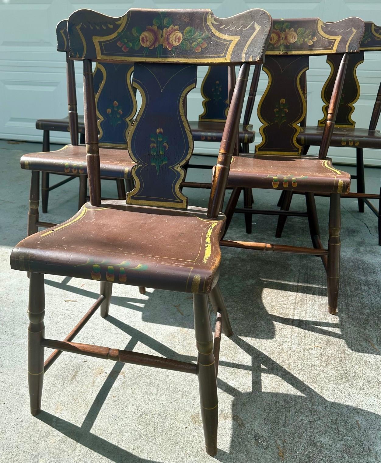 Antique Set of 6 Original Painted Pennsylvania Plank Bottom Chairs. For Sale 3