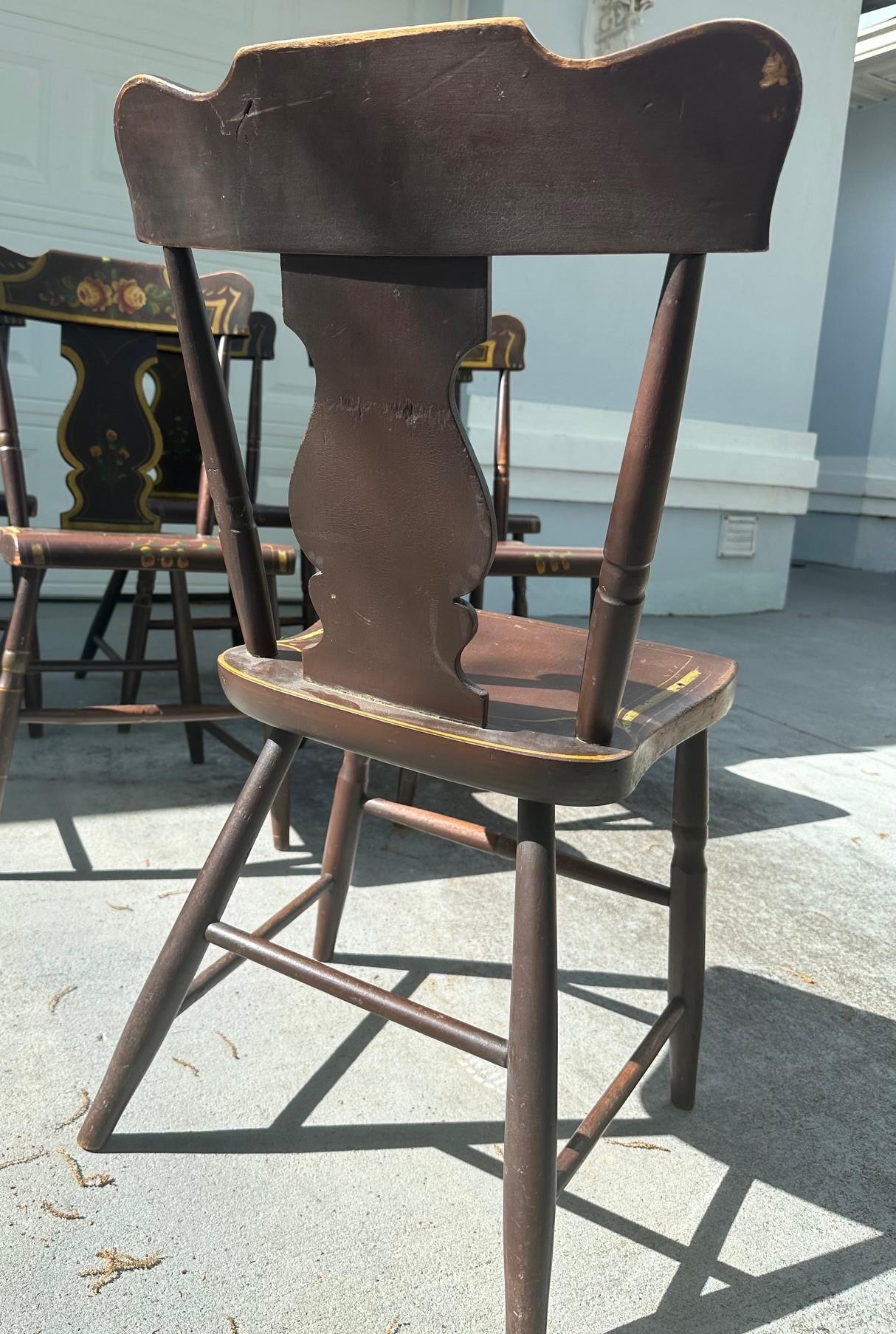 Antique Set of 6 Original Painted Pennsylvania Plank Bottom Chairs. For Sale 5