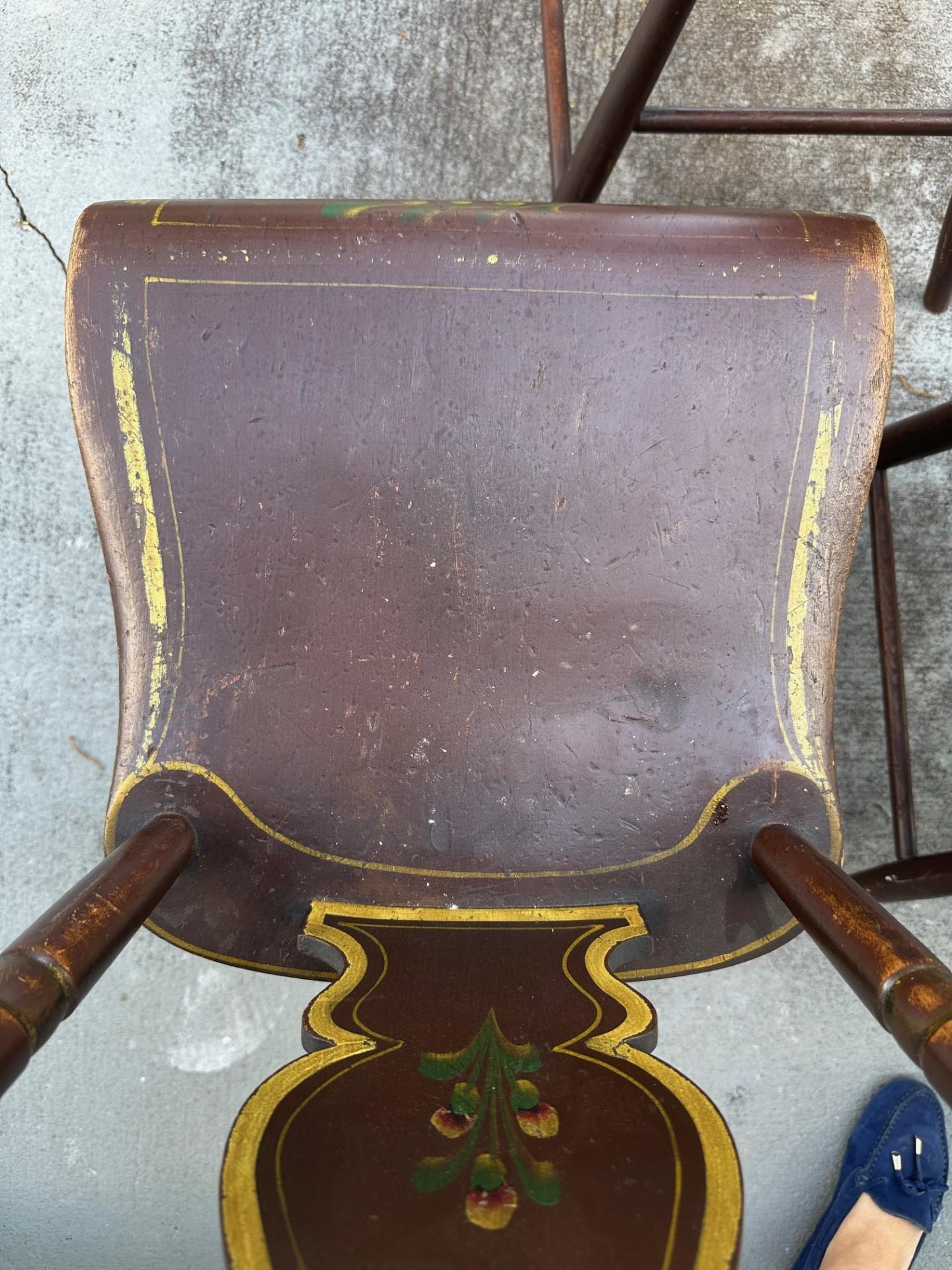 Antique Set of 6 Original Painted Pennsylvania Plank Bottom Chairs. For Sale 6