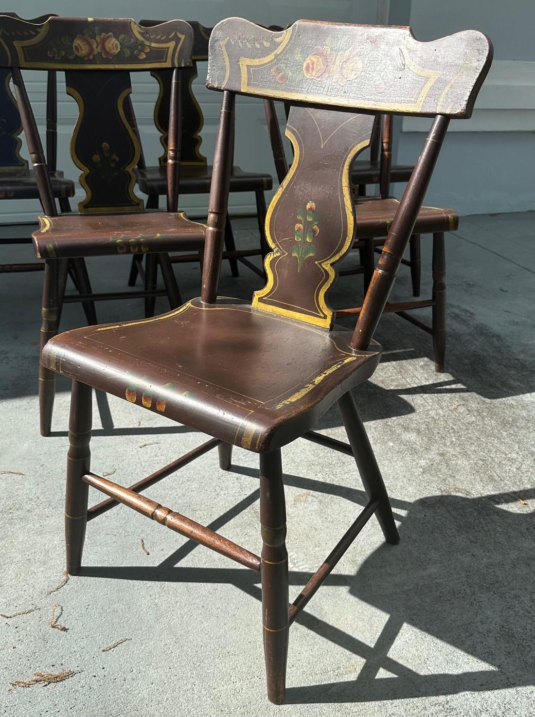 American Antique Set of 6 Original Painted Pennsylvania Plank Bottom Chairs. For Sale