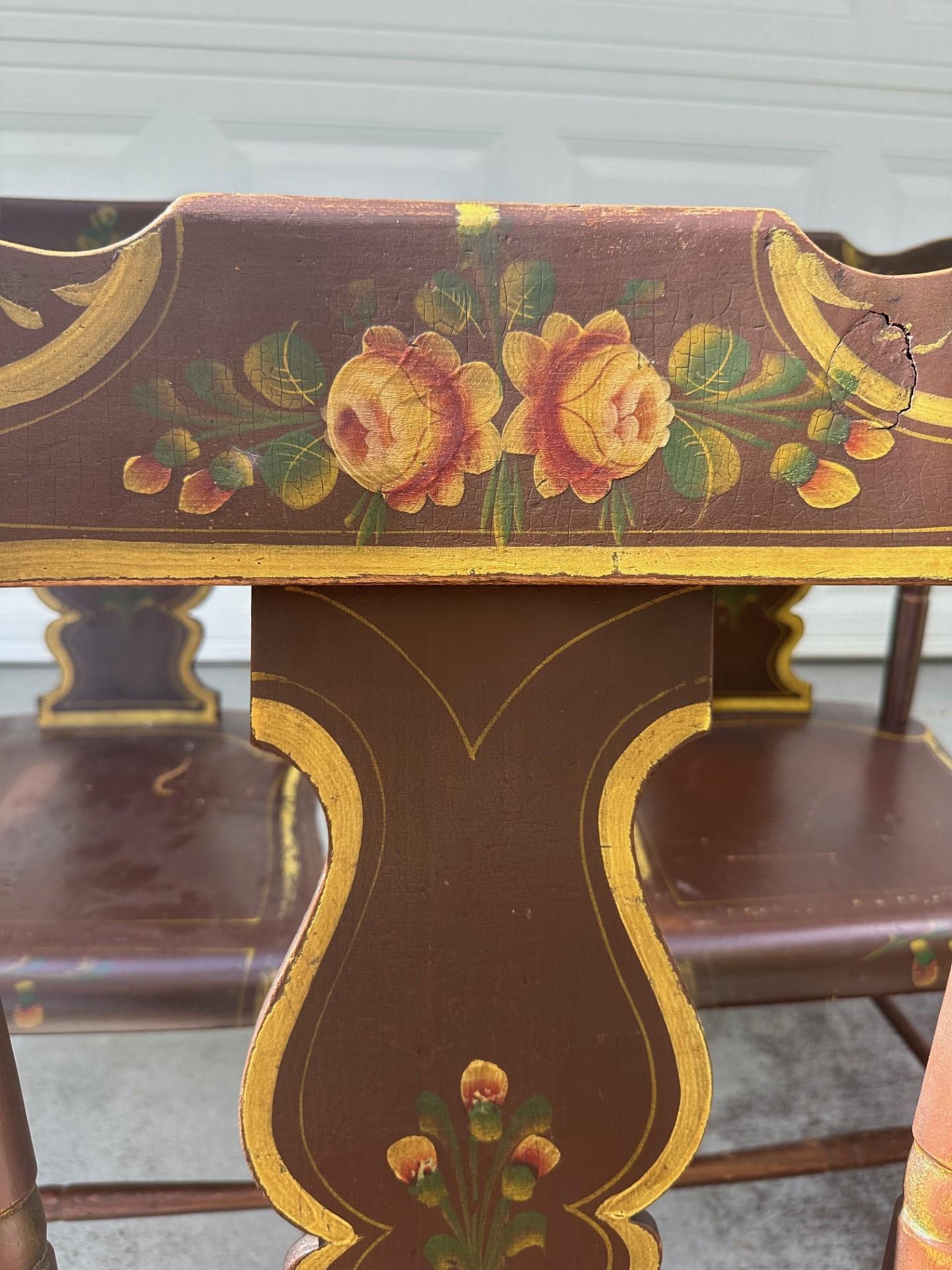 Hand-Crafted Antique Set of 6 Original Painted Pennsylvania Plank Bottom Chairs. For Sale