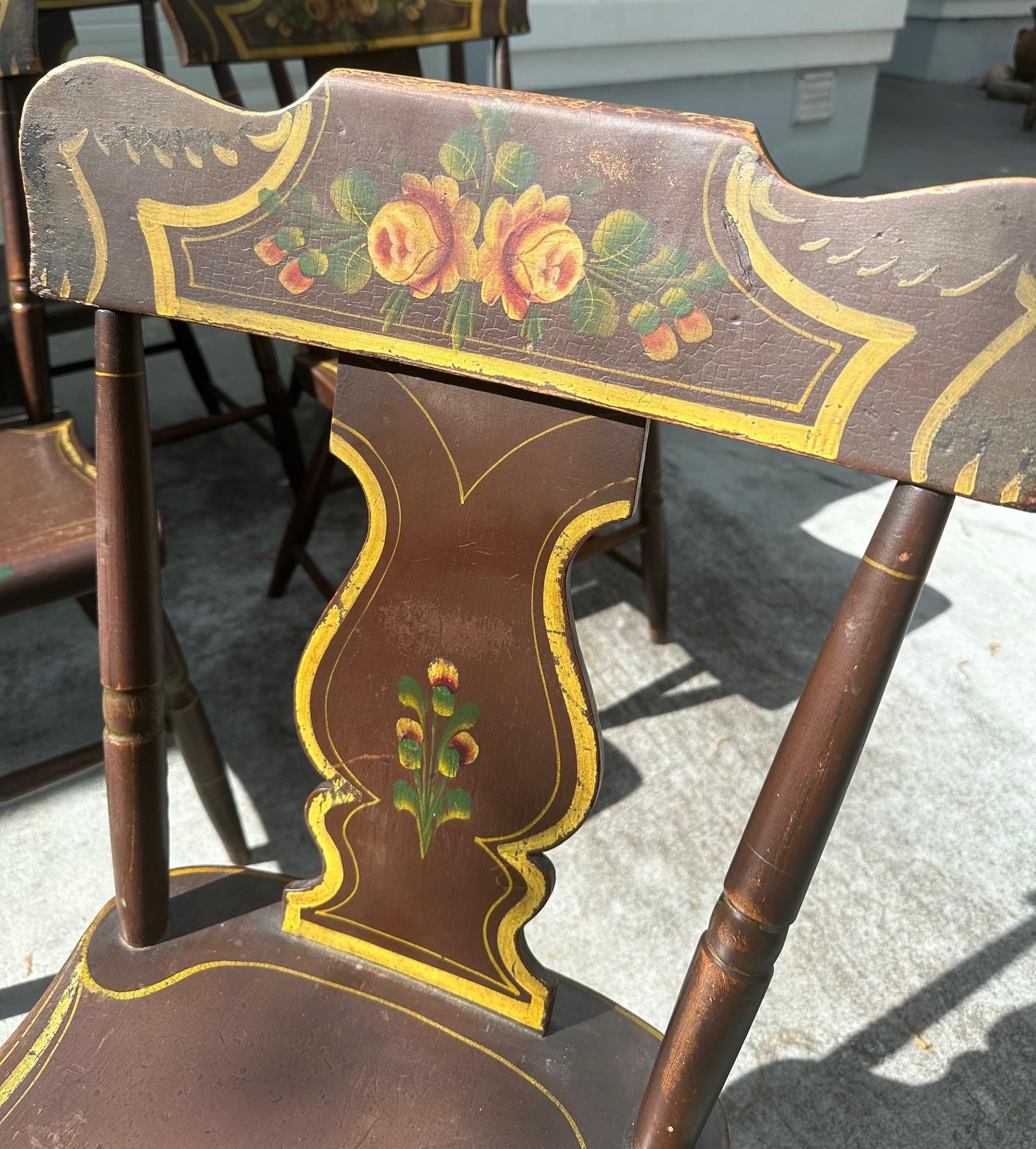 19th Century Antique Set of 6 Original Painted Pennsylvania Plank Bottom Chairs. For Sale