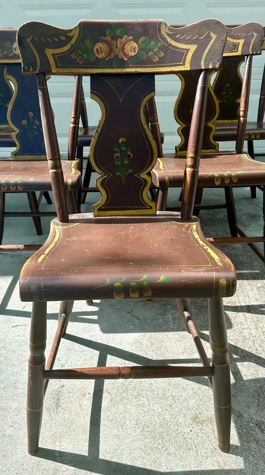 Wood Antique Set of 6 Original Painted Pennsylvania Plank Bottom Chairs. For Sale