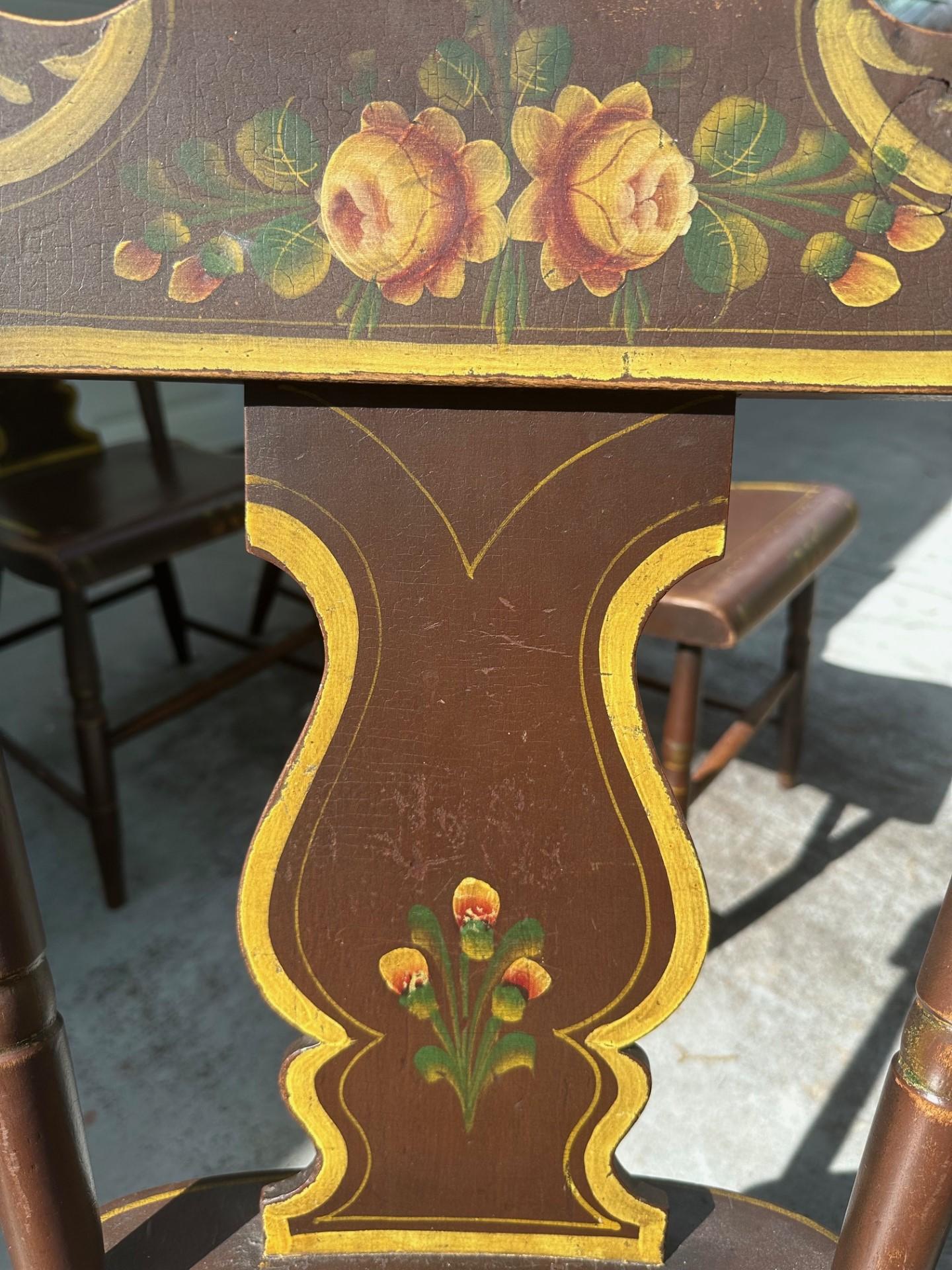 Antique Set of 6 Original Painted Pennsylvania Plank Bottom Chairs. For Sale 1