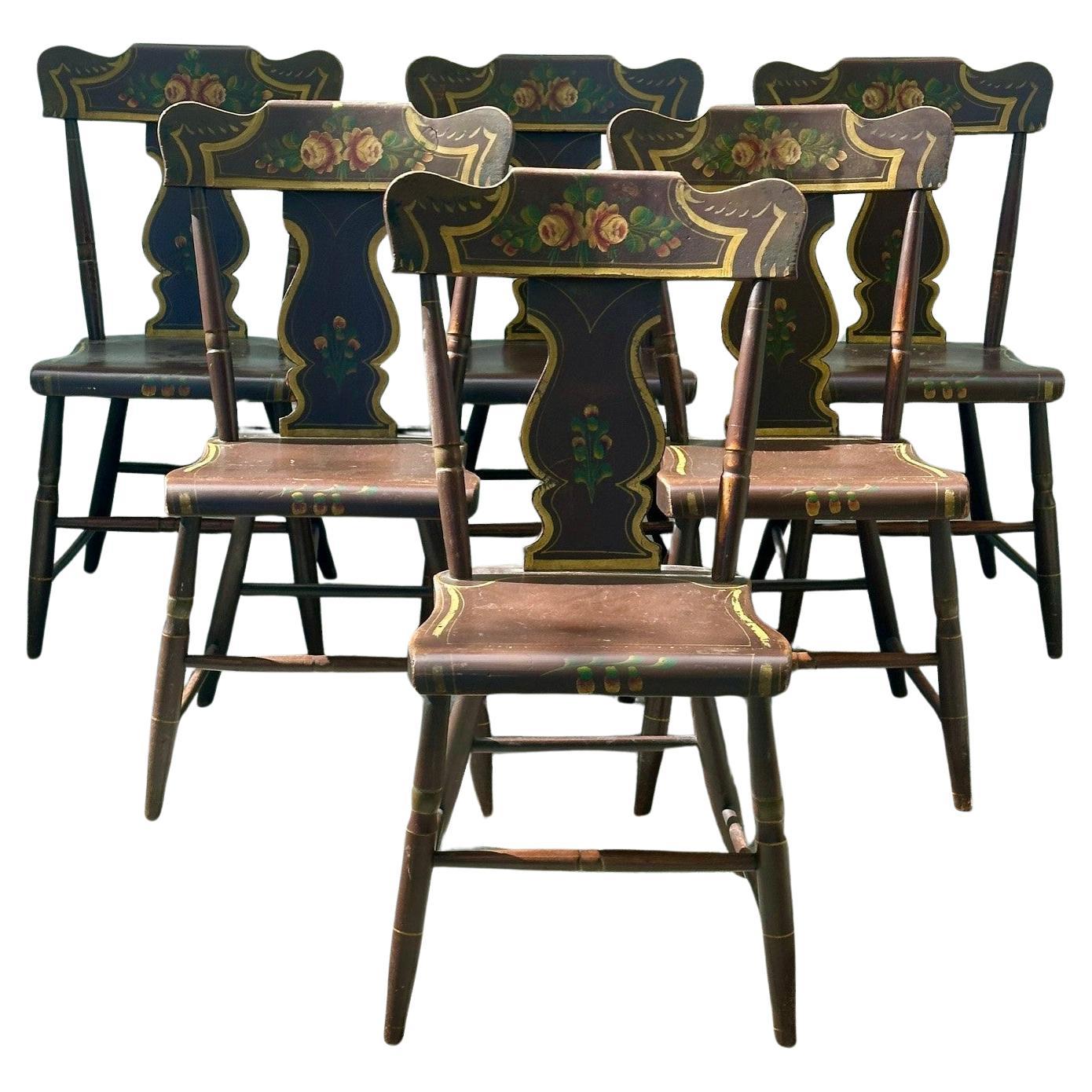 Antique Set of 6 Original Painted Pennsylvania Plank Bottom Chairs.