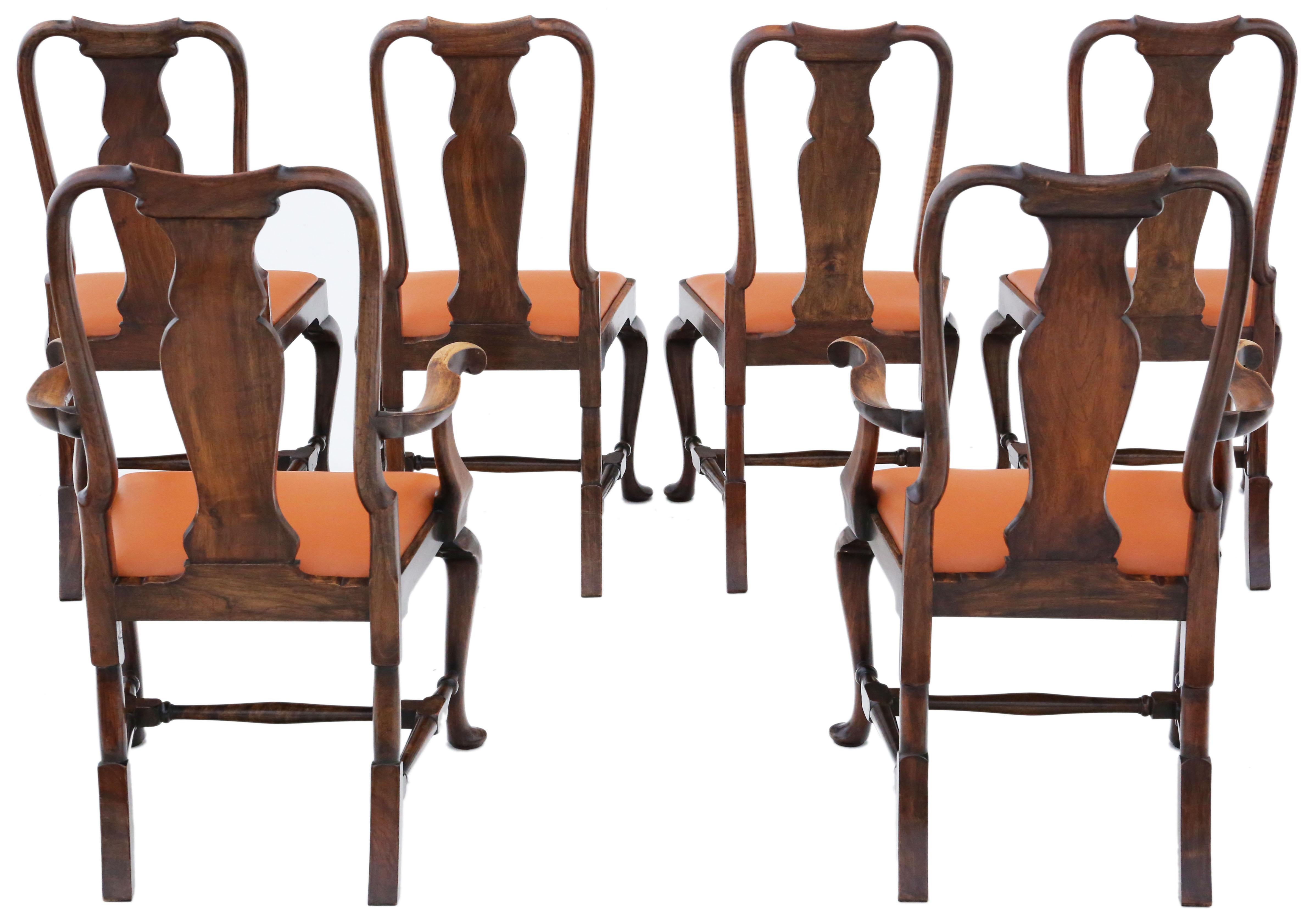 Antique Queen Anne Revival Burr Walnut Dining Chairs Set of 6 (Circa 1915)

Solid and sturdy construction with no loose joints or woodworm.

Recently upholstered in tan leather.

Dimensions:

Chair: 59cmW x 62cmD x 105cmH (47cmH seat)
Carver: 65cmW