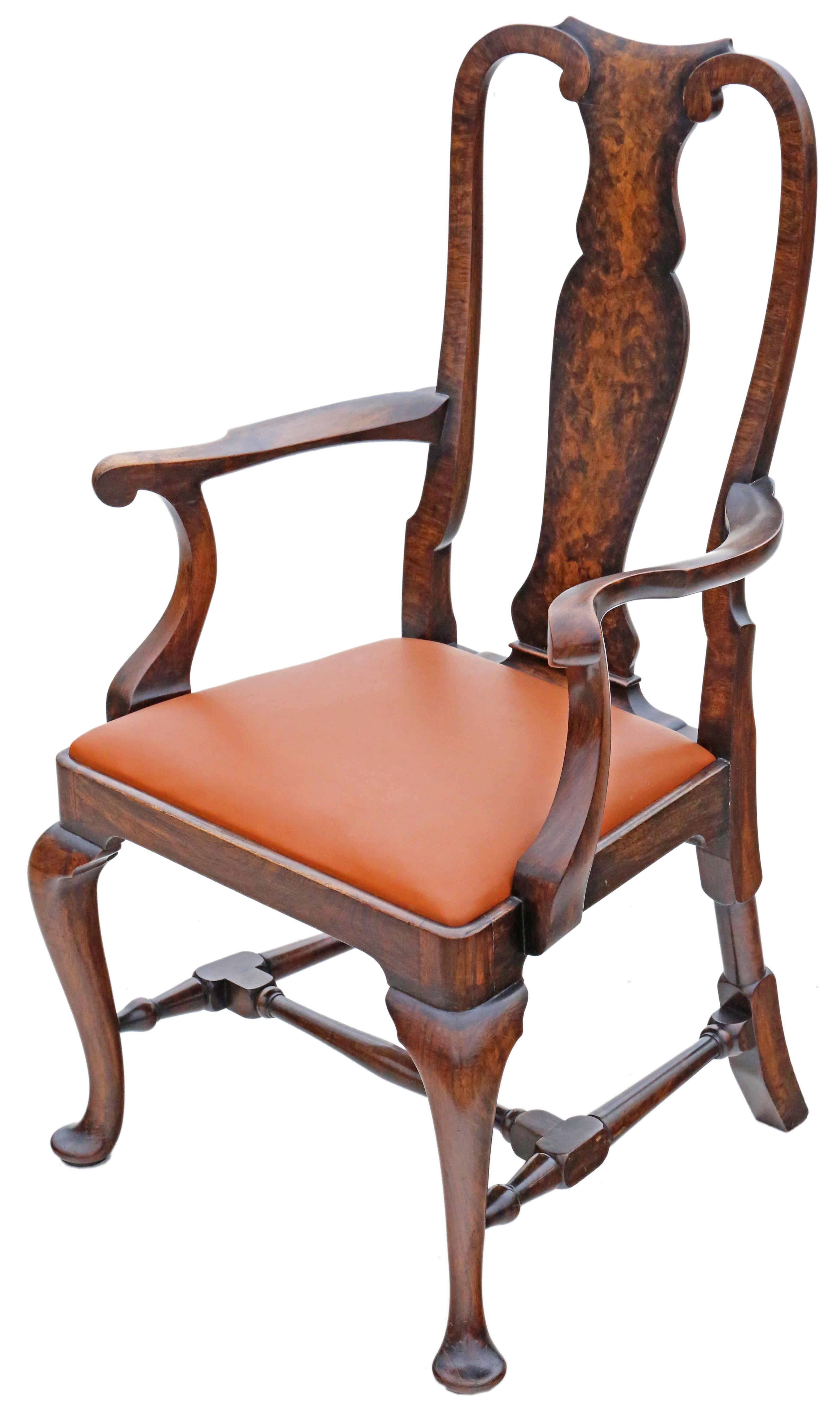 Early 20th Century Antique Set of 6 Queen Anne Revival Burr Walnut Dining Chairs from circa 1910 -  For Sale