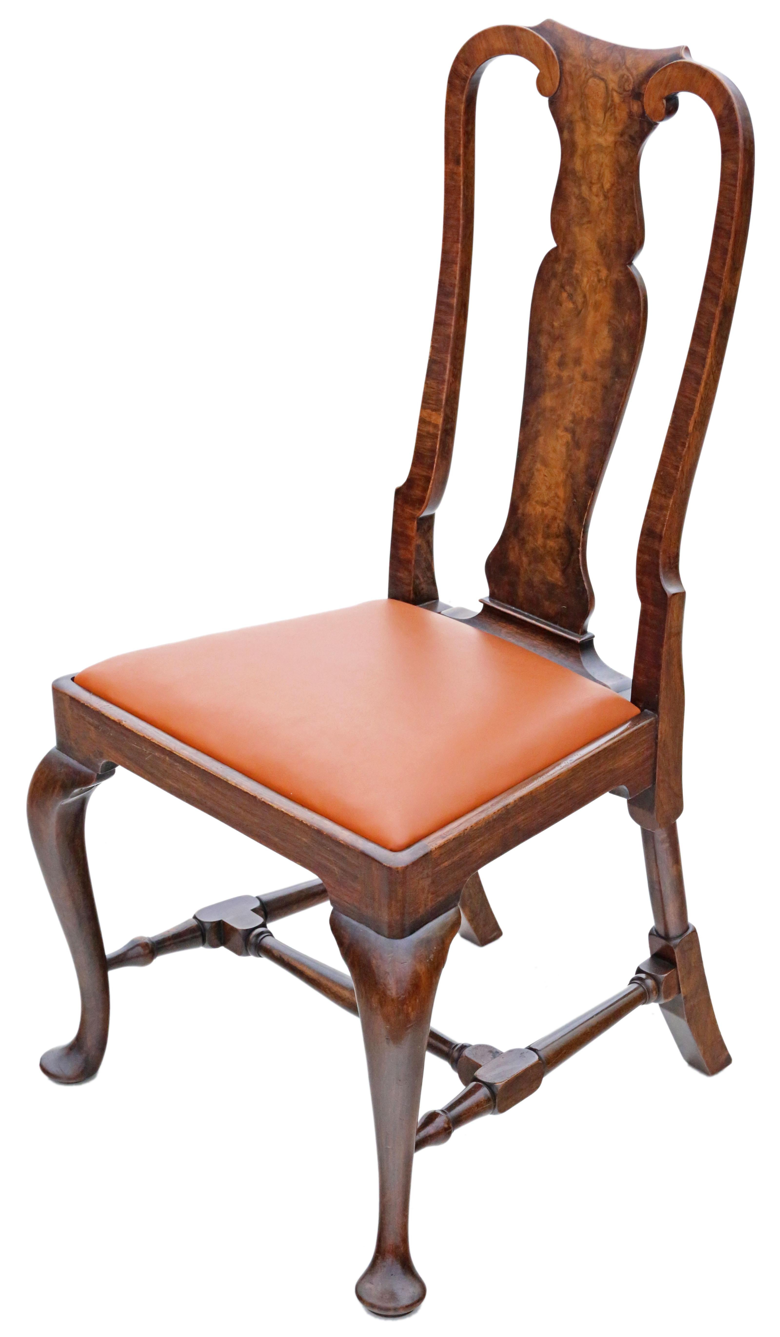 Antique Set of 6 Queen Anne Revival Burr Walnut Dining Chairs from circa 1910 -  For Sale 2