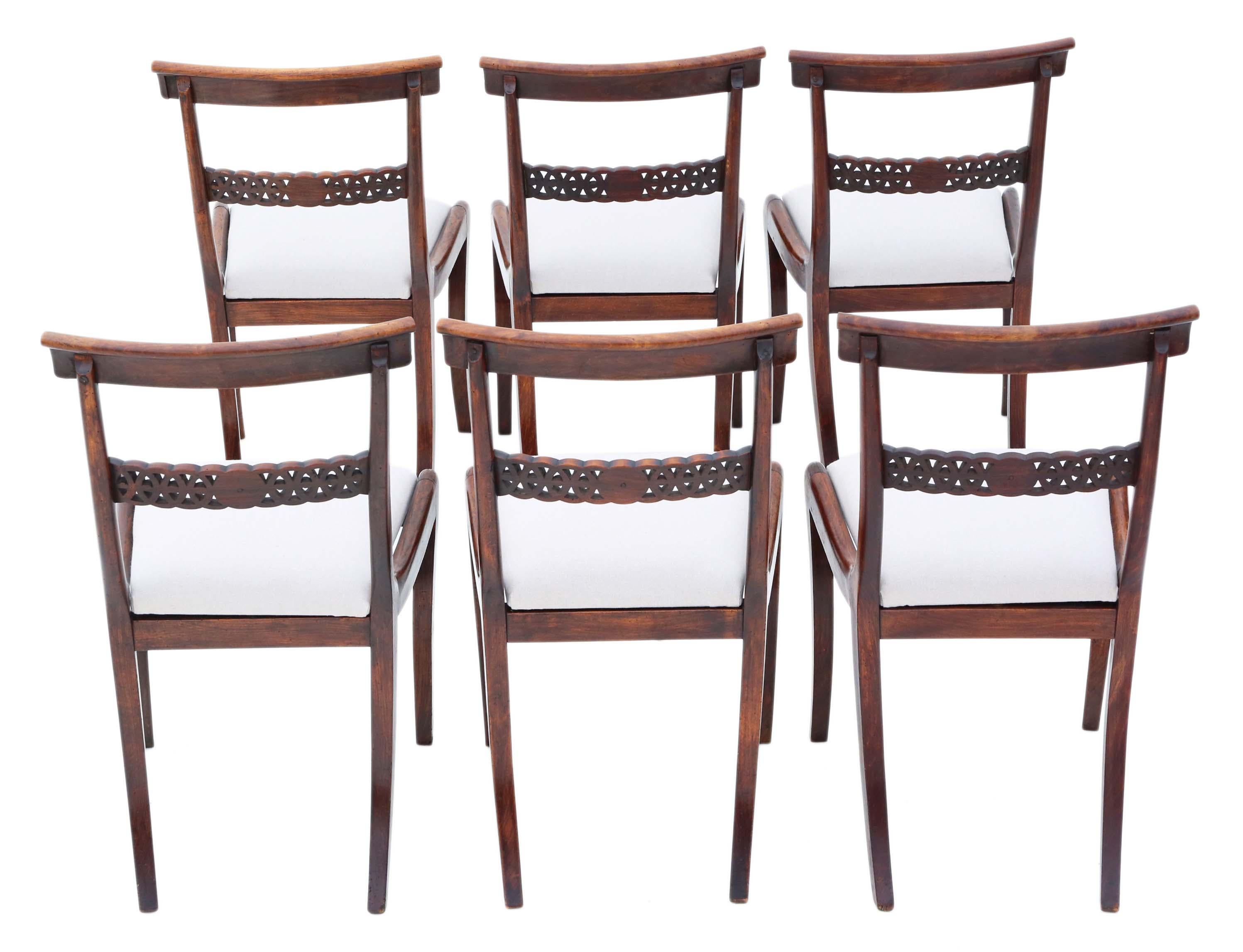 Antique fine quality set of 6 Regency faux rosewood (beech) dining chairs 19th Century C1825.

A rare find and a bit special, with lovely sabre legs.

No loose joints.

New professional upholstery.

Overall maximum dimensions:

Chair 46cm