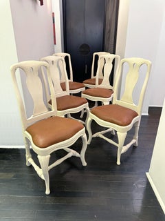 Antique Set of 6 Swedish Gustavian White Painted Dining Chairs