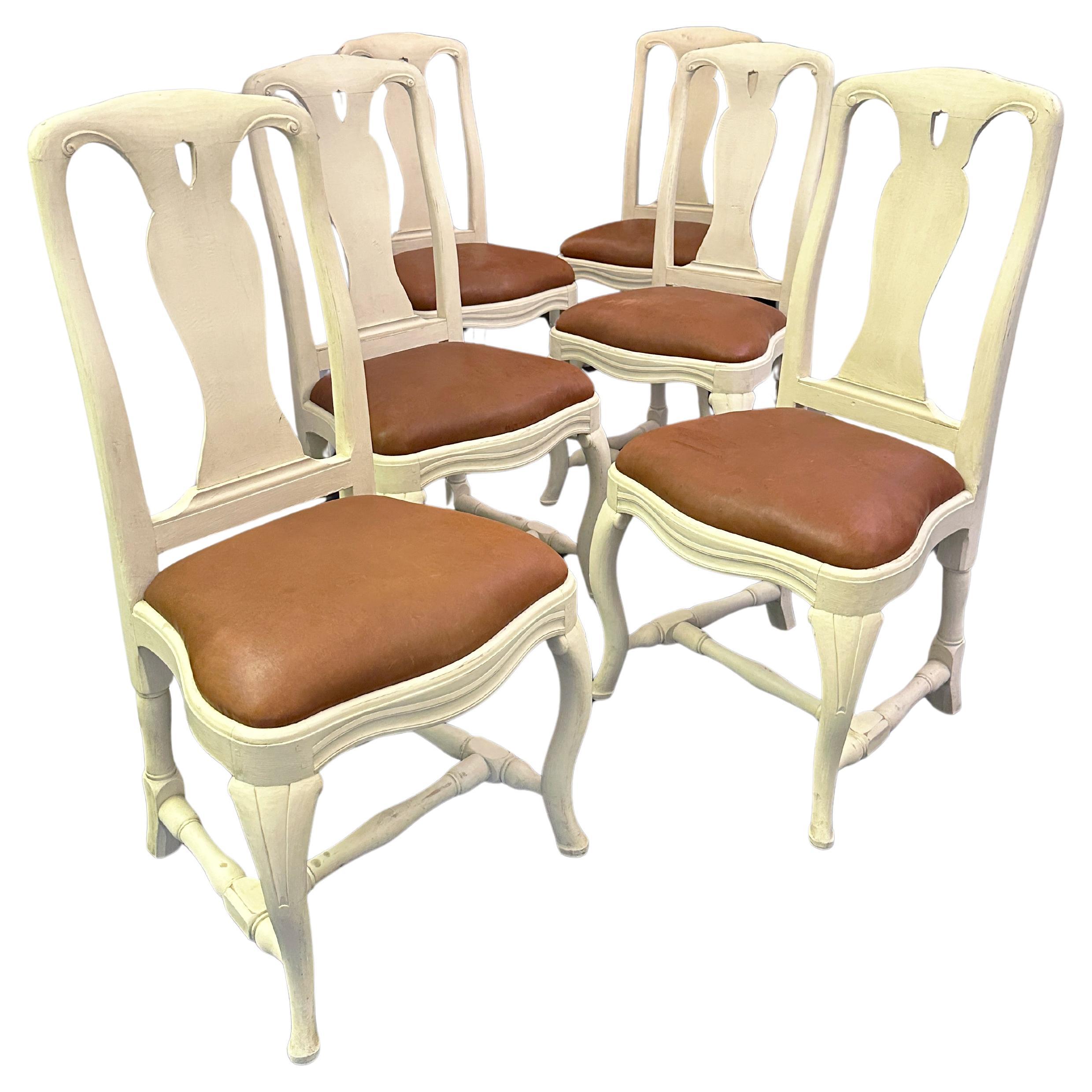 Antique Set of 6 Swedish Gustavian White Painted Dining Chairs