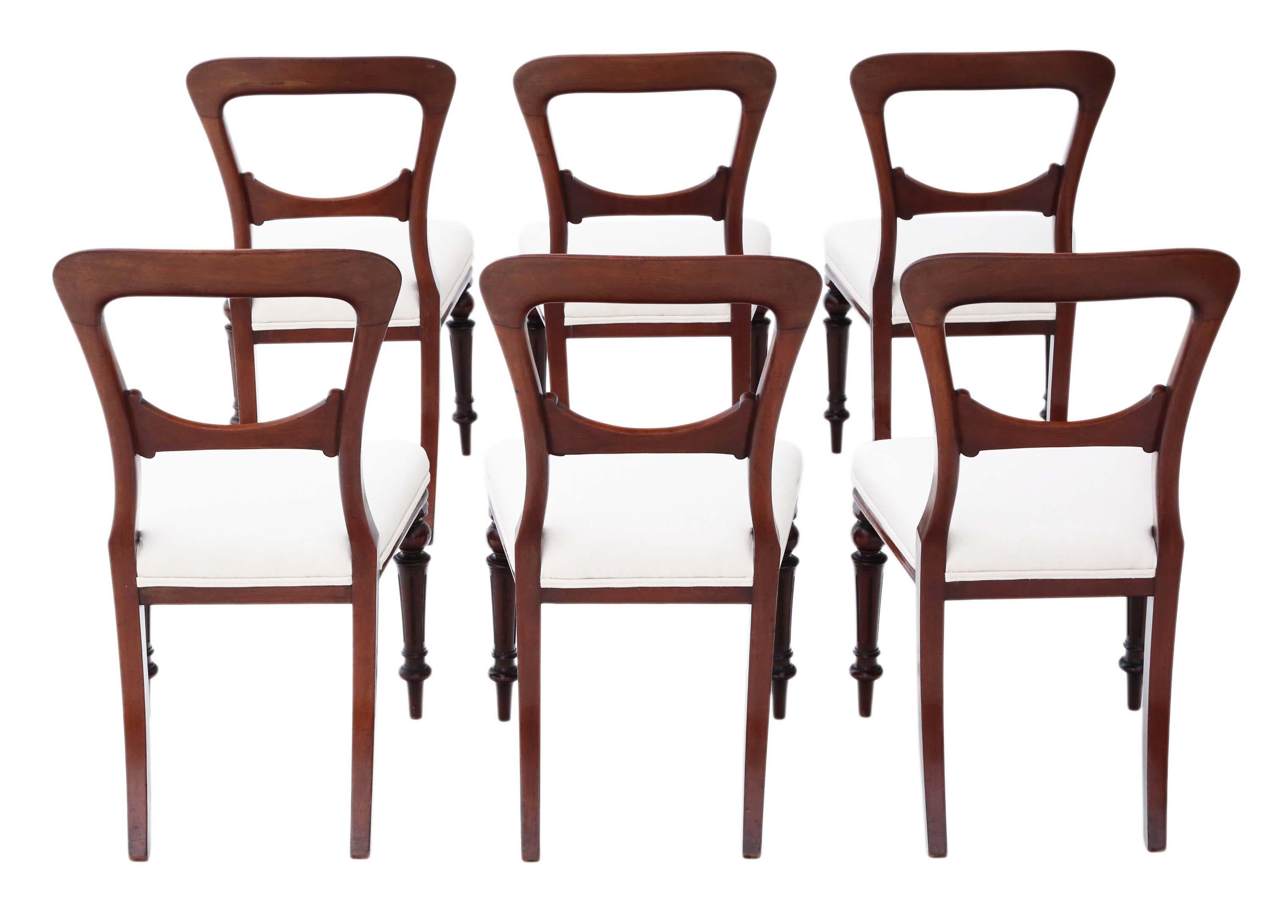 Antique fine quality set of 6 Victorian mahogany dining chairs, circa 1880.
Solid, heavy and strong with no loose joints and no woodworm.
New upholstery in a heavy weight fabric.
Overall maximum dimensions:
47cm W x 52cm D x 88cm H (44cm H seat