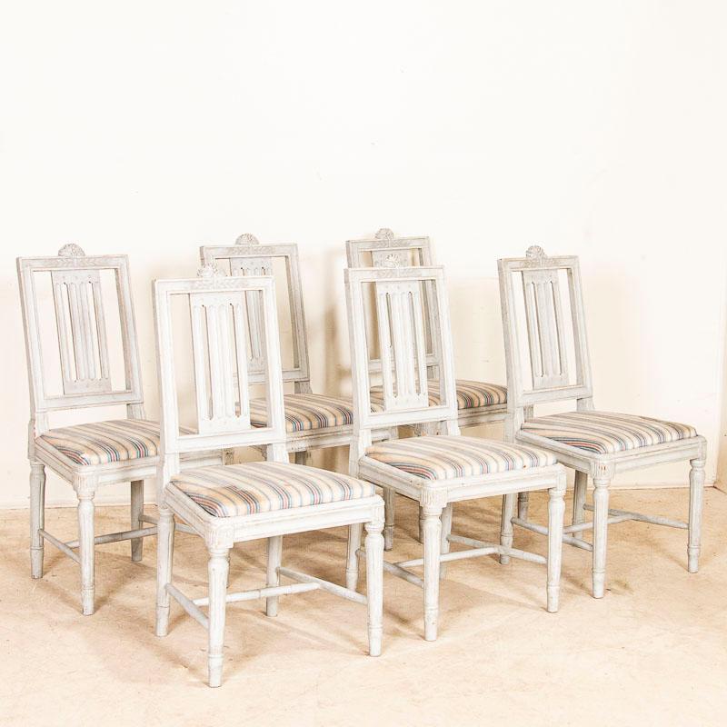 Class and style combine in this lovely set of six matching dining chairs from Sweden. Note the lovely carved leaf and tree motif, along with the graceful turned legs. They are painted an off white accentuating the classic Gustavian style. The old