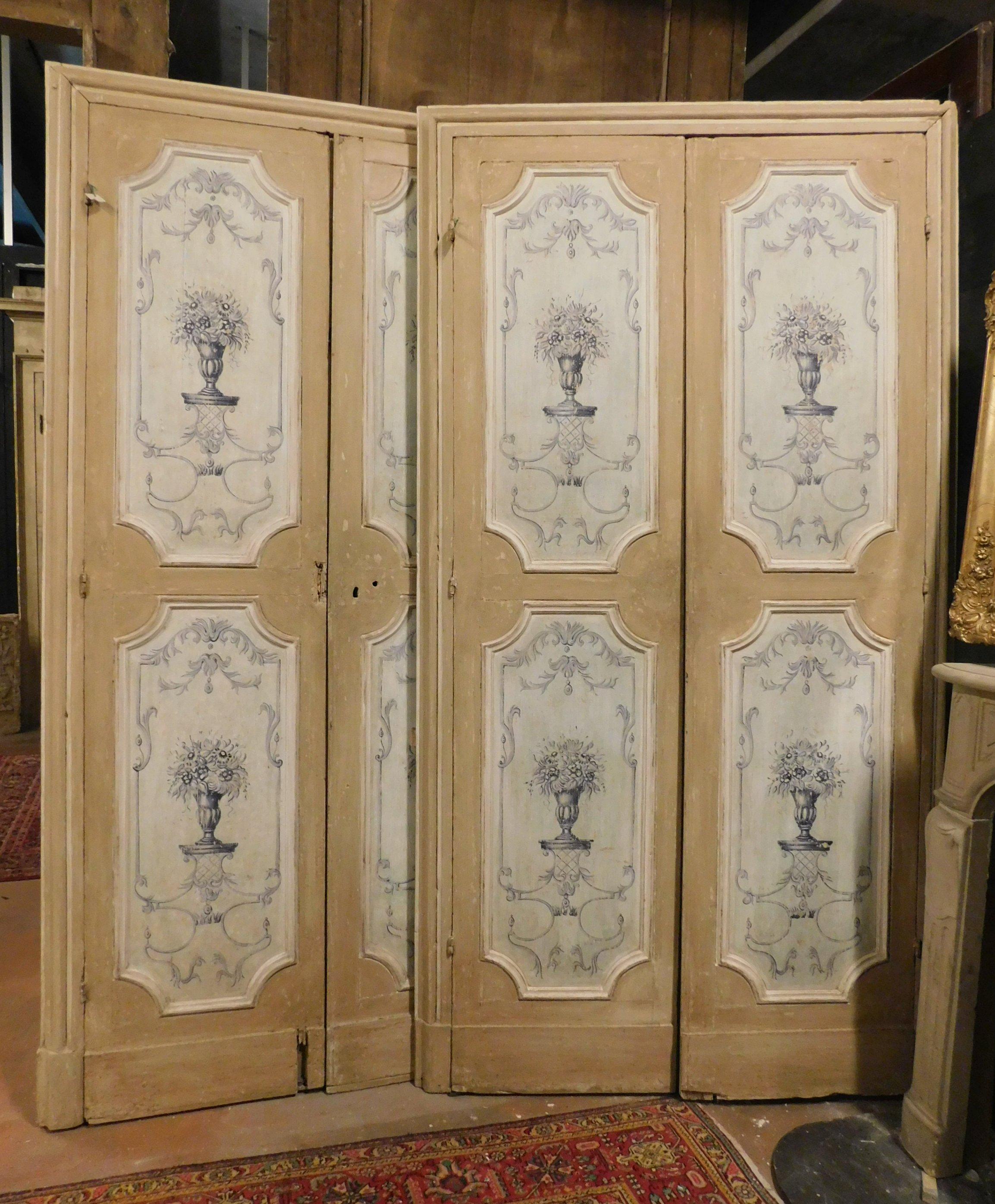 Antique Set of 6 Double Laquered Doors Painted Cups Also on the Back, 1700 Italy In Good Condition For Sale In Cuneo, Italy (CN)