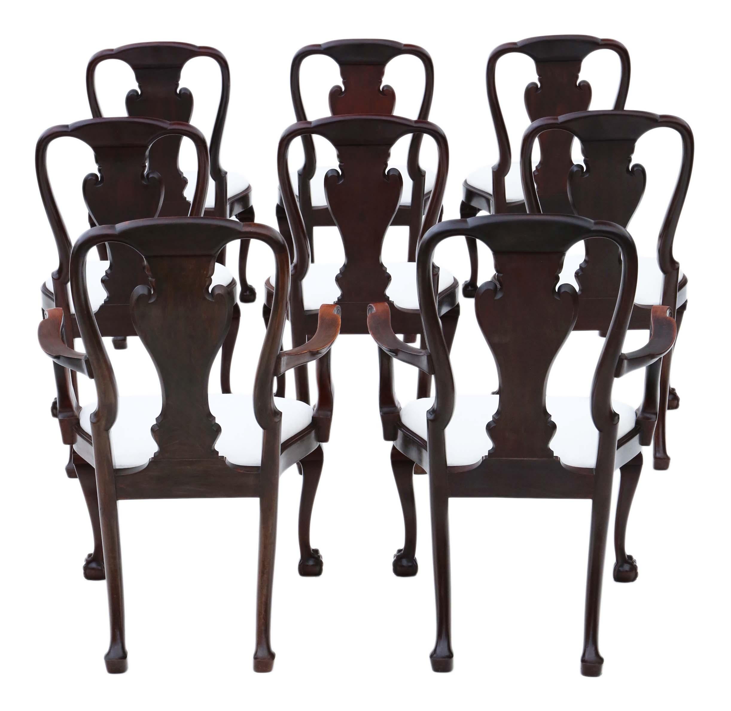 Antique fine quality set of 8 (6+2) carved mahogany dining chairs Queen Anne revival, C1910. Beautifully carved backs / ball and claw feet.

Exceptional quality, solid, heavy and strong with no loose joints. Lovely simple plain but opulent design,