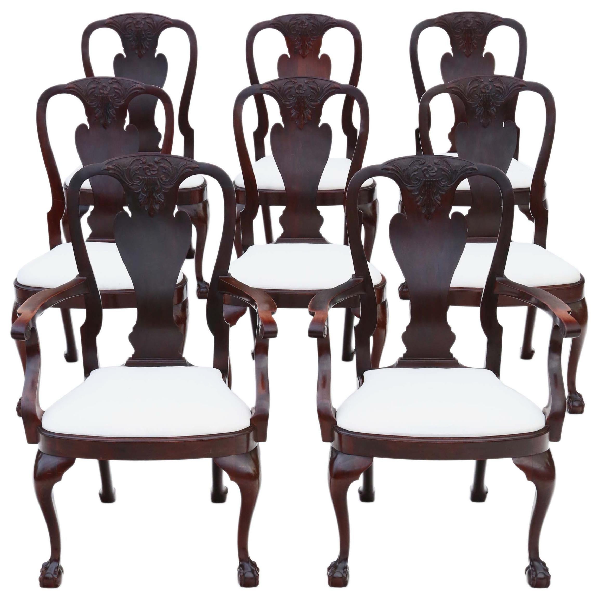 Antique Set of 8 '6+2' Carved Mahogany Dining Chairs Queen Anne Revival