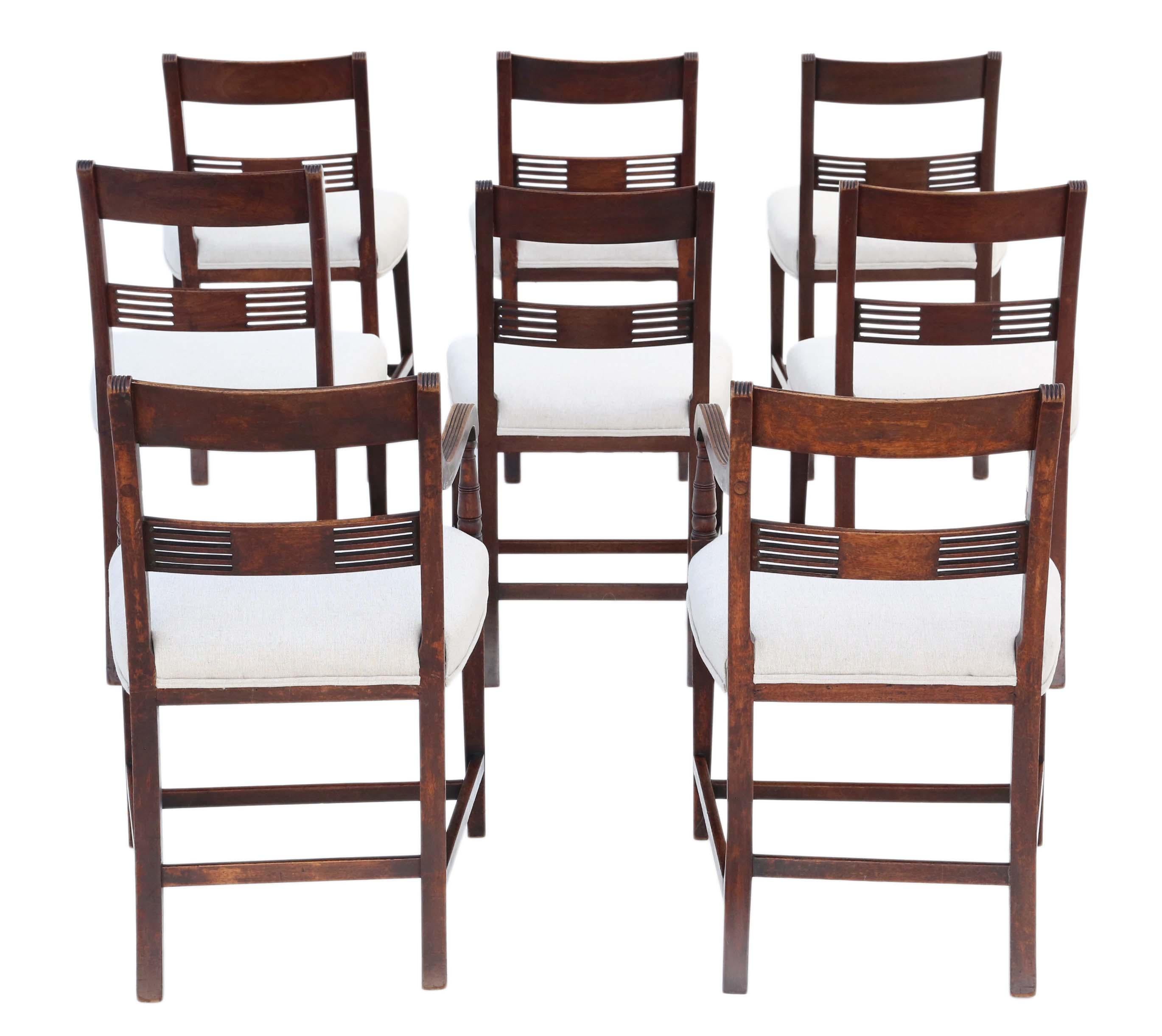 Antique fine quality set of 8 (6+2) Georgian circa 1820 inlaid mahogany dining chairs.

No loose joints.

New upholstery in a natural linen fine oatmeal fabric.

Overall maximum dimensions:

Carver 53cm W x 52cm D x 86cm H (47cm H seat when