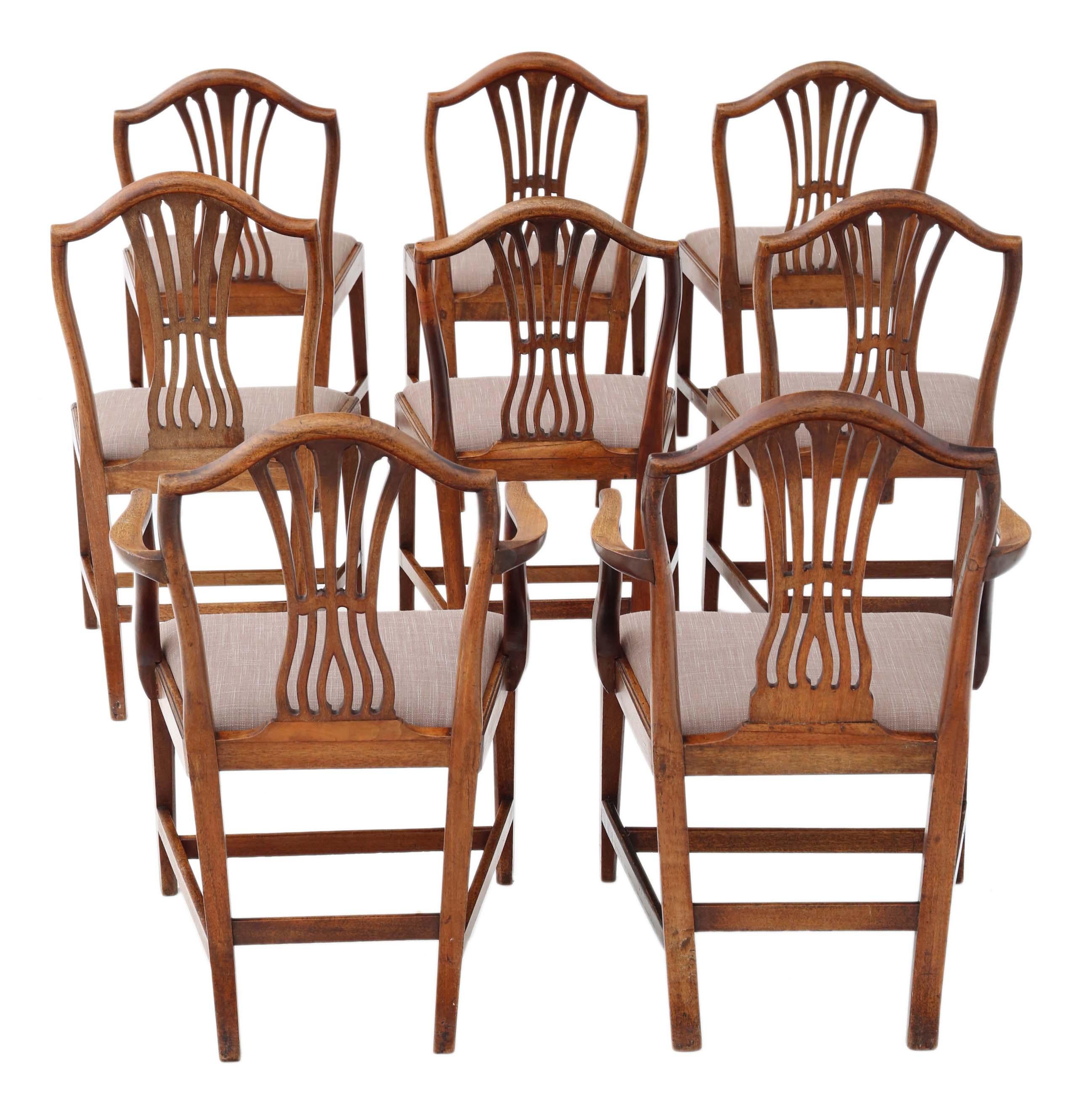 Antique quality set of 8 (6+2) Georgian mahogany dining chairs, circa 1800.

Full of age, character and charm.

Solid with no loose joints. Lovely simple elegant design. No woodworm.

New upholstery in a heavy weight fabric.

Overall maximum