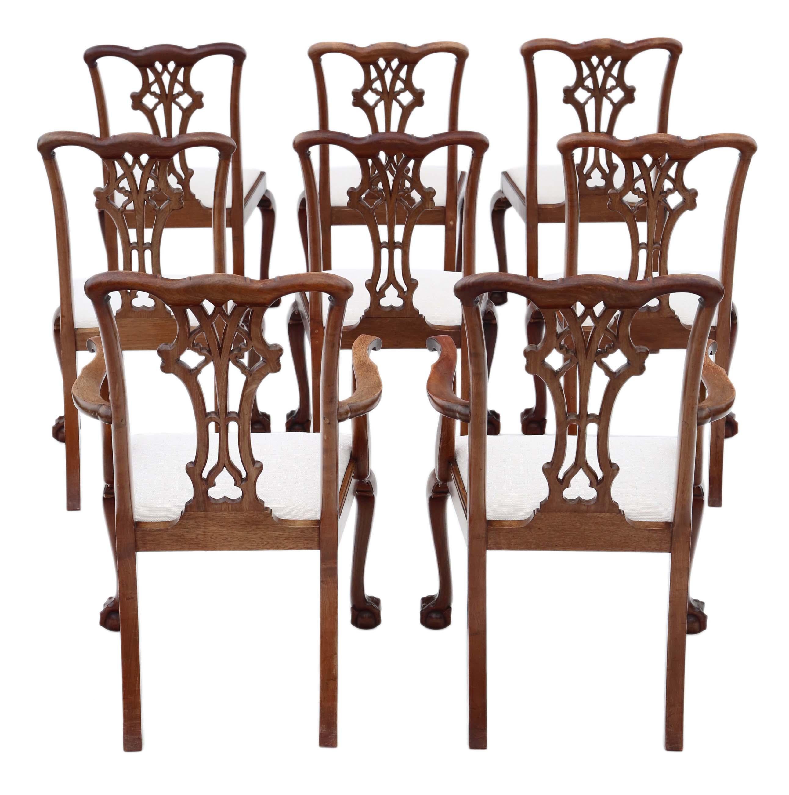 Antique quality set of 8 (6+2) mahogany dining chairs Georgian revival, circa 1910.

Solid with no loose joints. Lovely elegant design. No woodworm.

Lovely carved backs, the cabriole legs have desirable ball and claw feet.

Drop in seats,