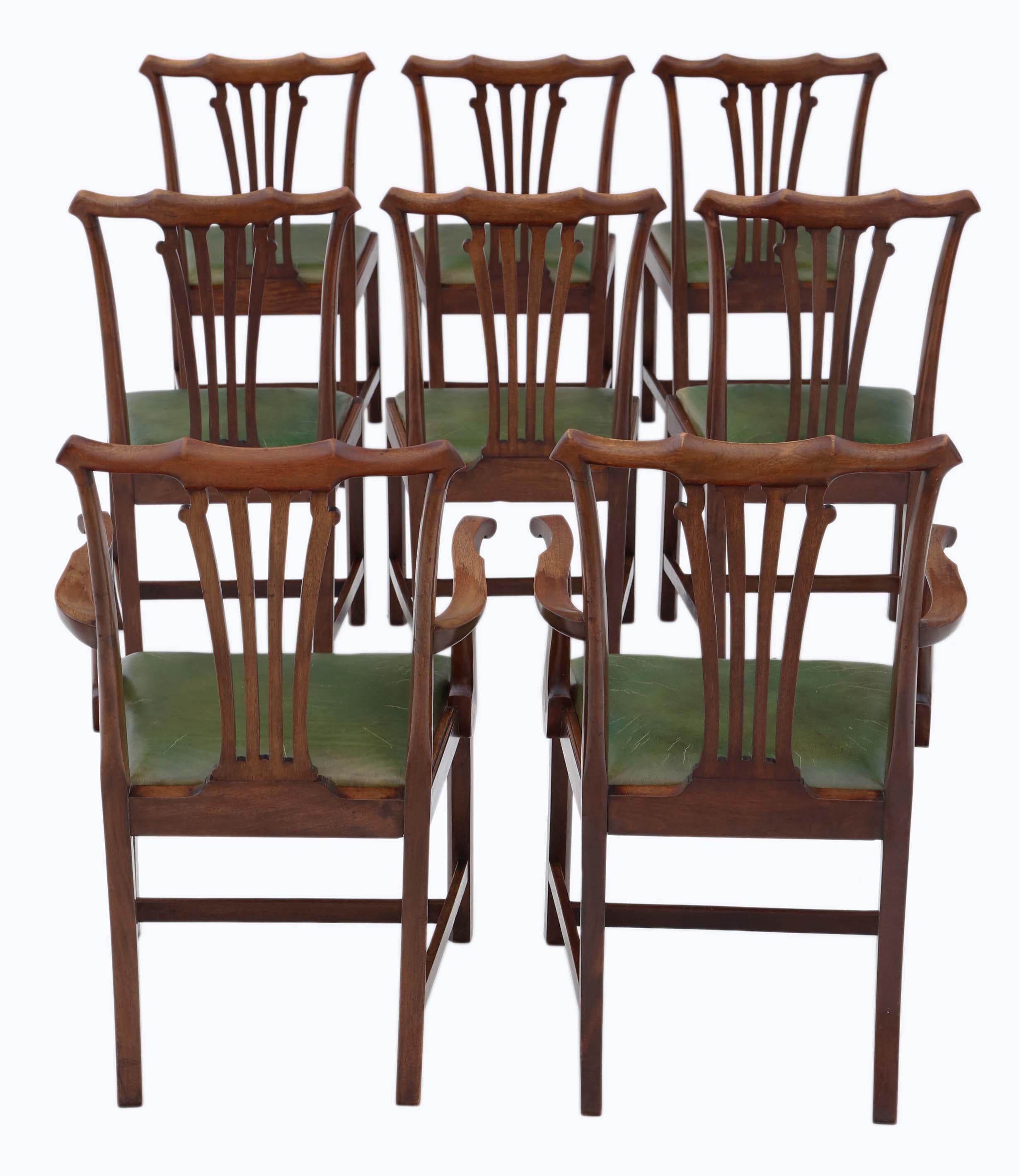 Antique set of 8 (6+2) mahogany dining chairs, mid-19th century.

Solid with no loose joints. Lovely simple elegant design. No woodworm.

Drop in seats, upholstered in lovely patinated and charmingly cracked (no splits) green leather.

Overall