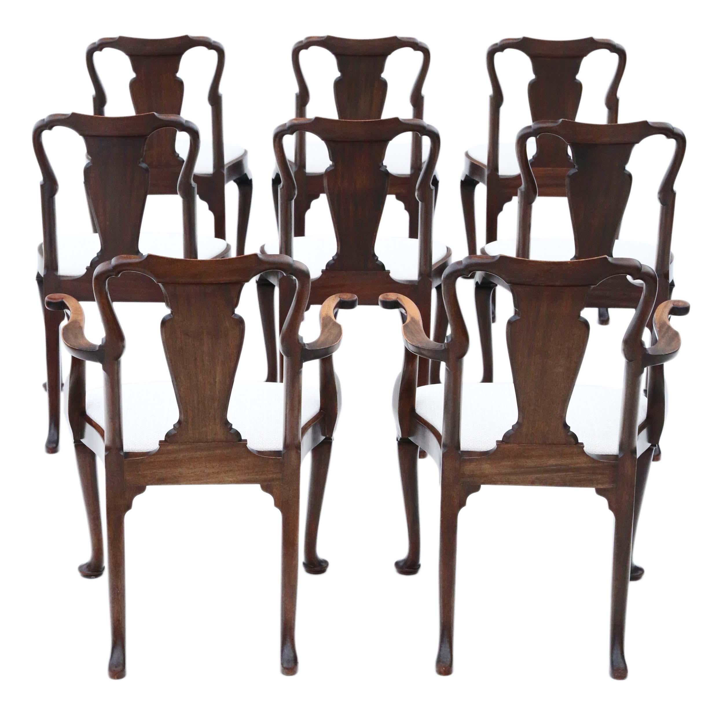 Antique fine quality set of 8 (6+2) mahogany dining chairs Queen Anne revival, circa 1910.

Exceptional quality, solid, heavy and strong with no loose joints. Lovely simple plain but opulent design, with wide generous seats. No woodworm.

Drop