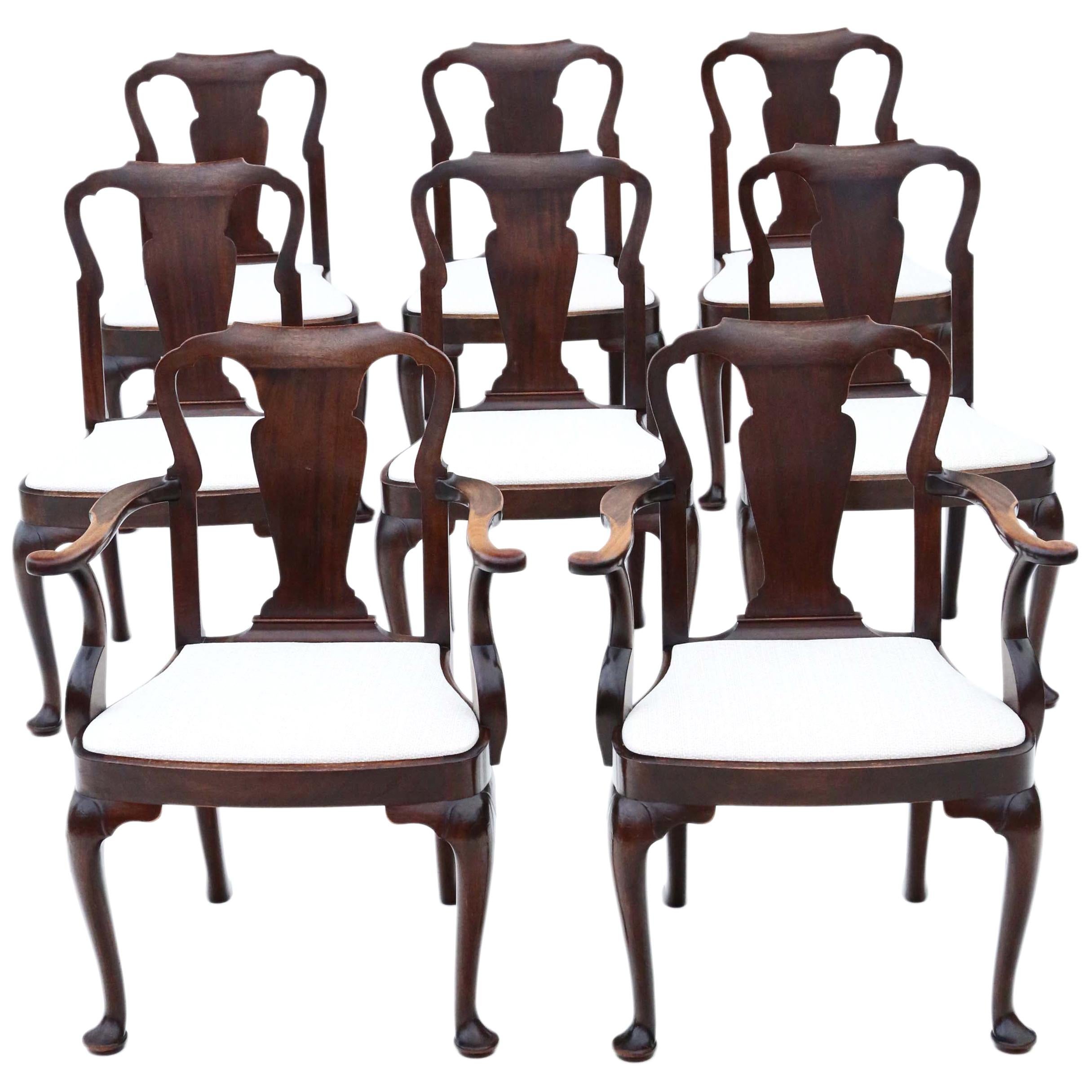 Antique Set of 8 '6+2' Mahogany Dining Chairs Queen Anne Revival