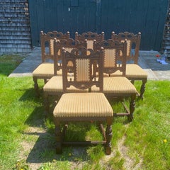 Antique Set of 8 British Jacobean Style Carved Oak Dining Chairs